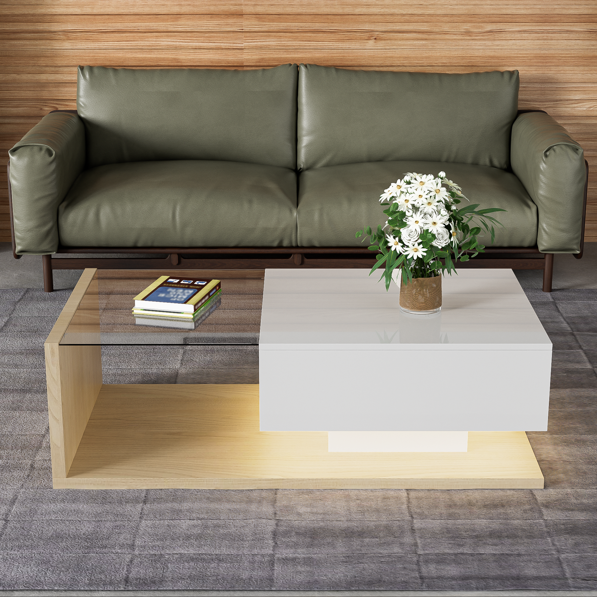 Couchtisch - Holztöne i biały lustrzany - 105x55x32,5cm - szuflada - LED - szkło - 4