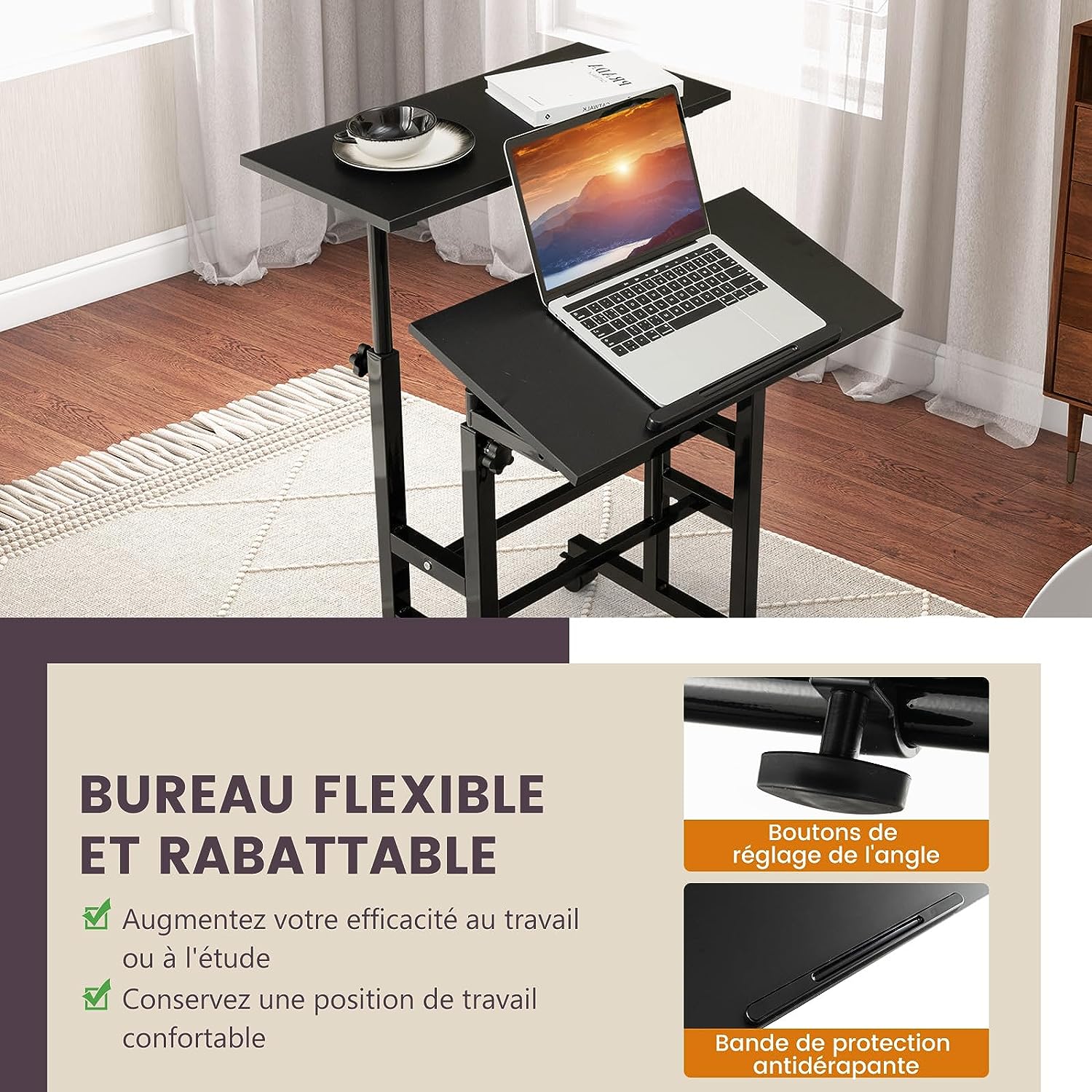 Bureau Assis-Debout à roulettes, Table Informatique à 2 Niveaux pour Ordinateur (Noir) - 4