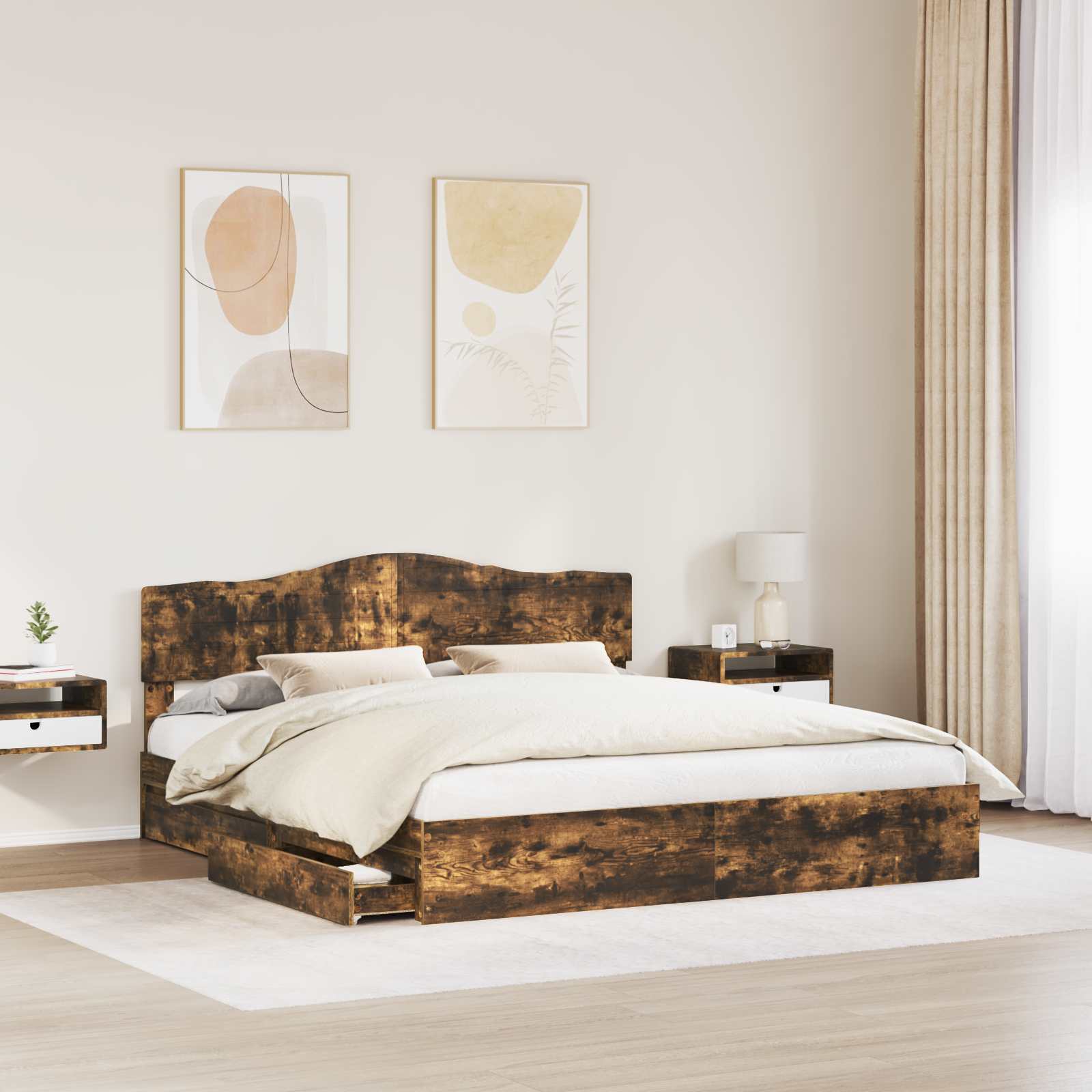 Lit de rangement chêne fumé 180 x 200 cm en panneau de bois - 3