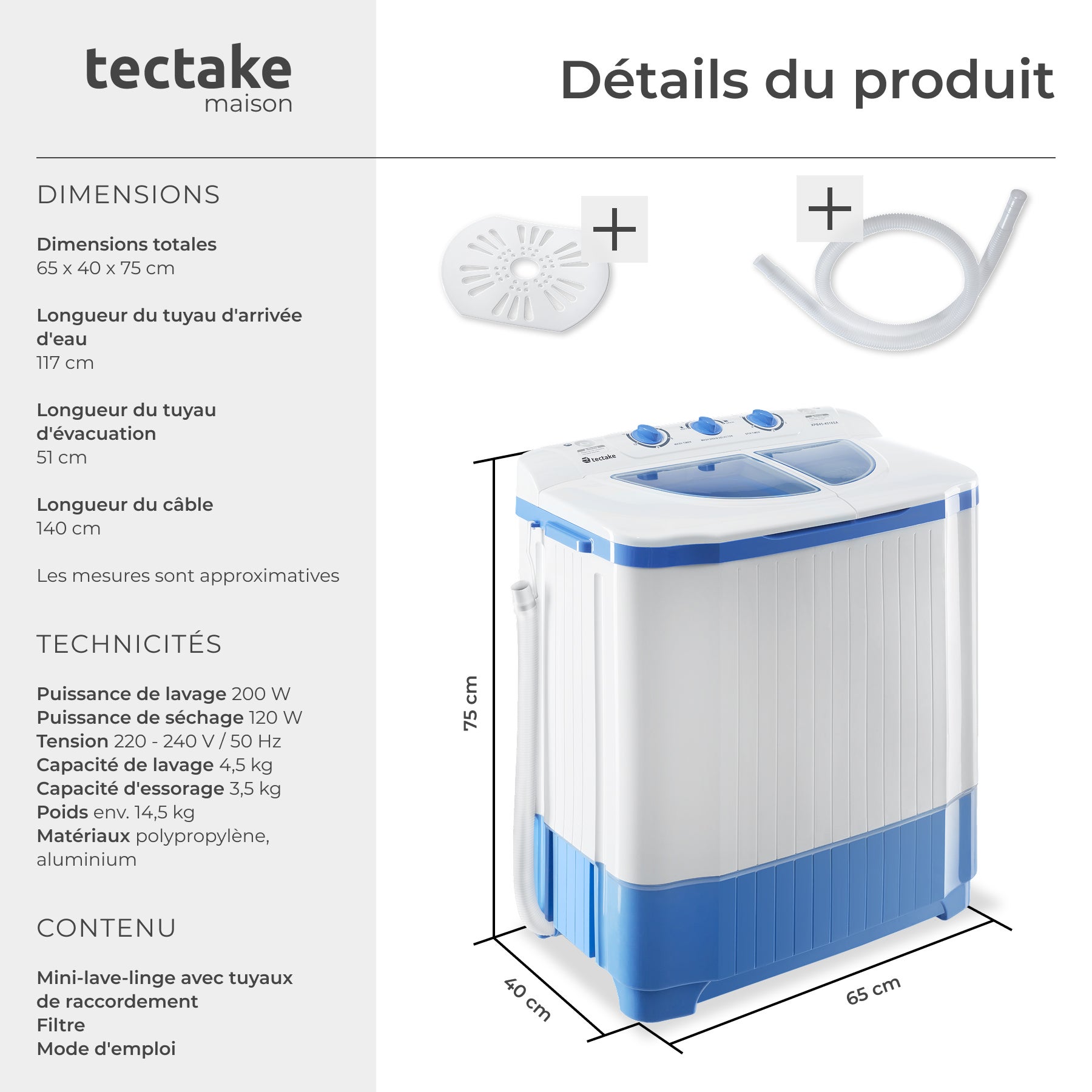 TECTAKE Máquina de lavar miniatura Com centrifugadora, 2 câmaras - 6
