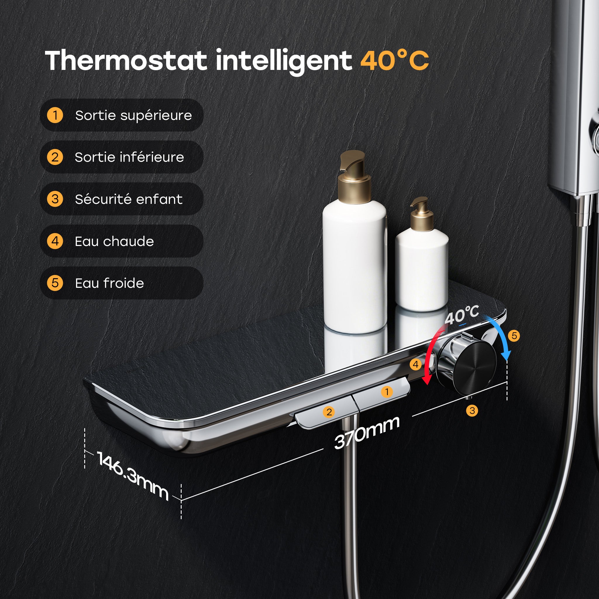 HOROW Système de douche avec thermostat, ensemble panneau de douche avec pommeau de douche pliable 4 fonctions de massage, réglable en hauteur - 2