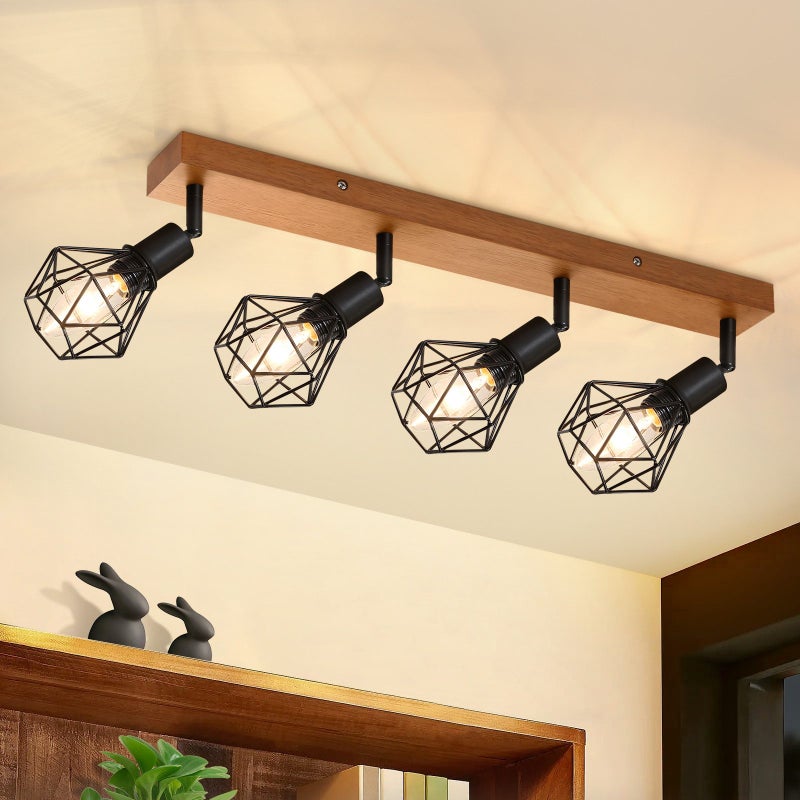 ZMH Retro Metalowe Drewniane Reflektorki Sufitowe z Czarnymi Interfejsami E14 350° Regulowana Lampa Sufitowa Maksymalna Moc 25 W