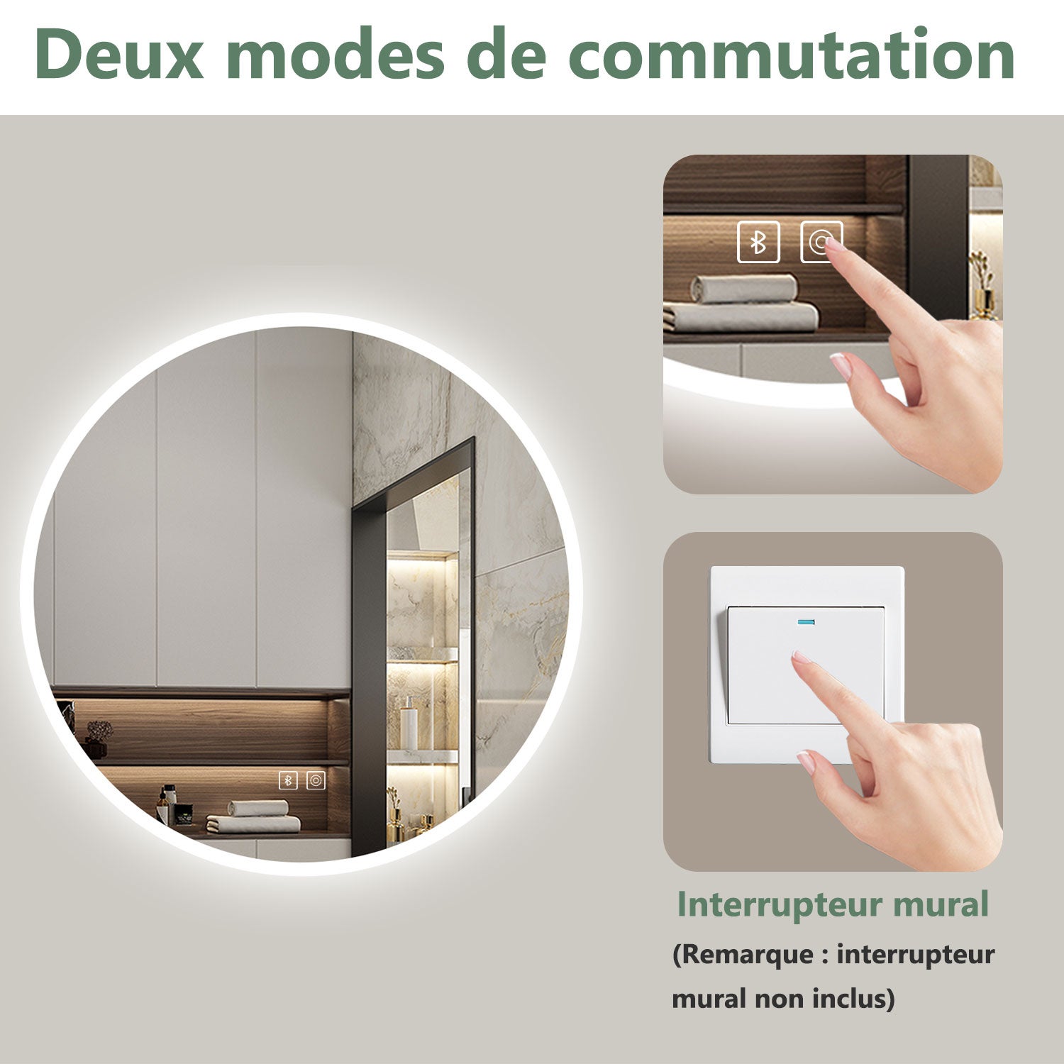 AICA Miroir lumineux rond 60cm, bluetooth + 3 couleurs + dimmable + anti-buée + mémoire, miroir salle de bain mural - 7