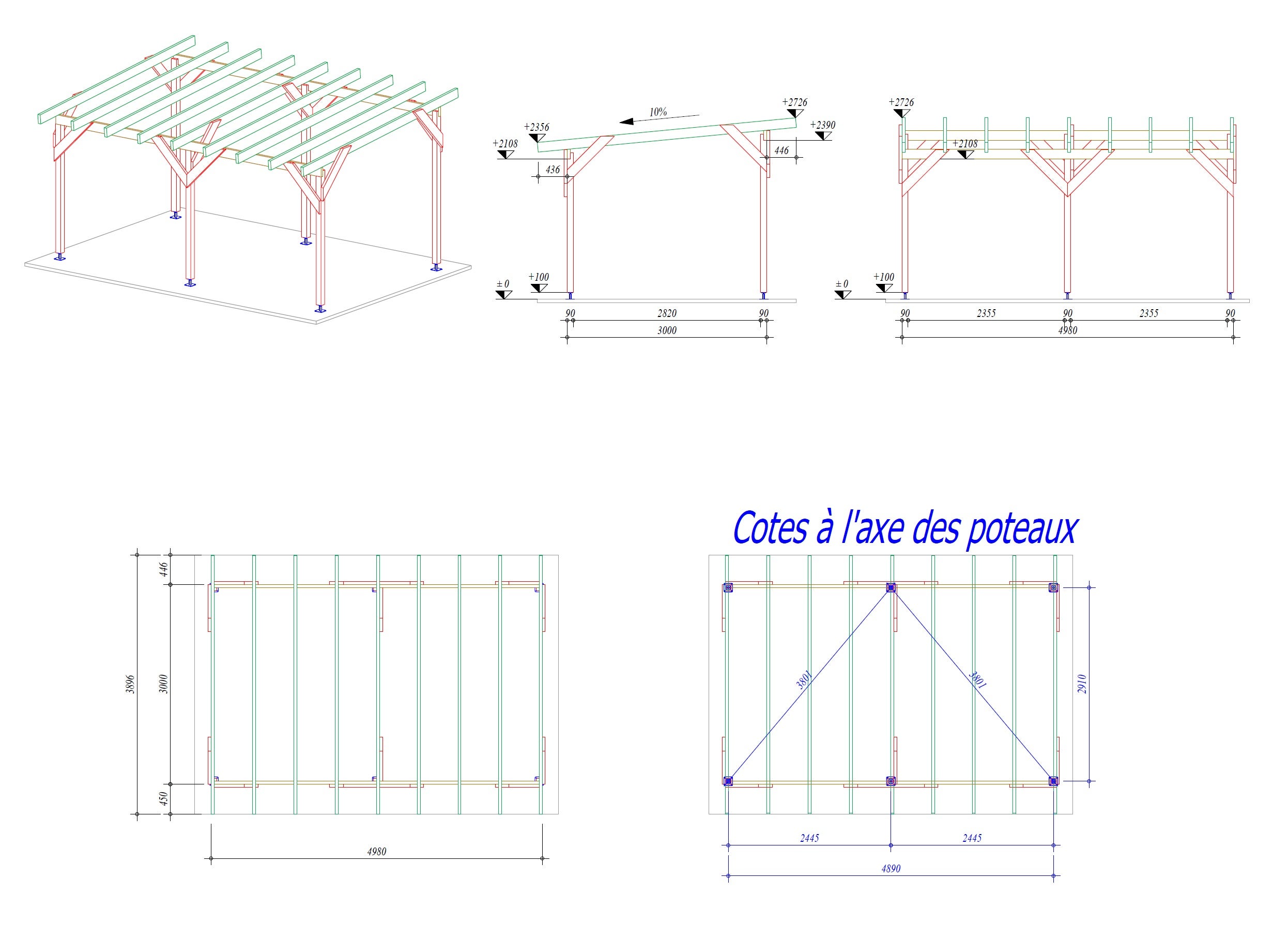 Carport en Bois avec Pente de 10%, un vehicule, de 3m par 5m, traité Classe 3 - NICOLAS - 4