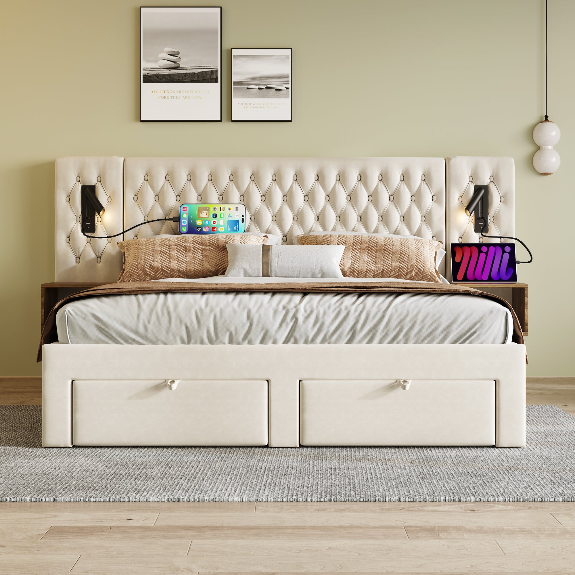 Gestoffeerd tweepersoonsbed 160 x 200 cm, met nachtkastjes en lades, leeslampje, beige