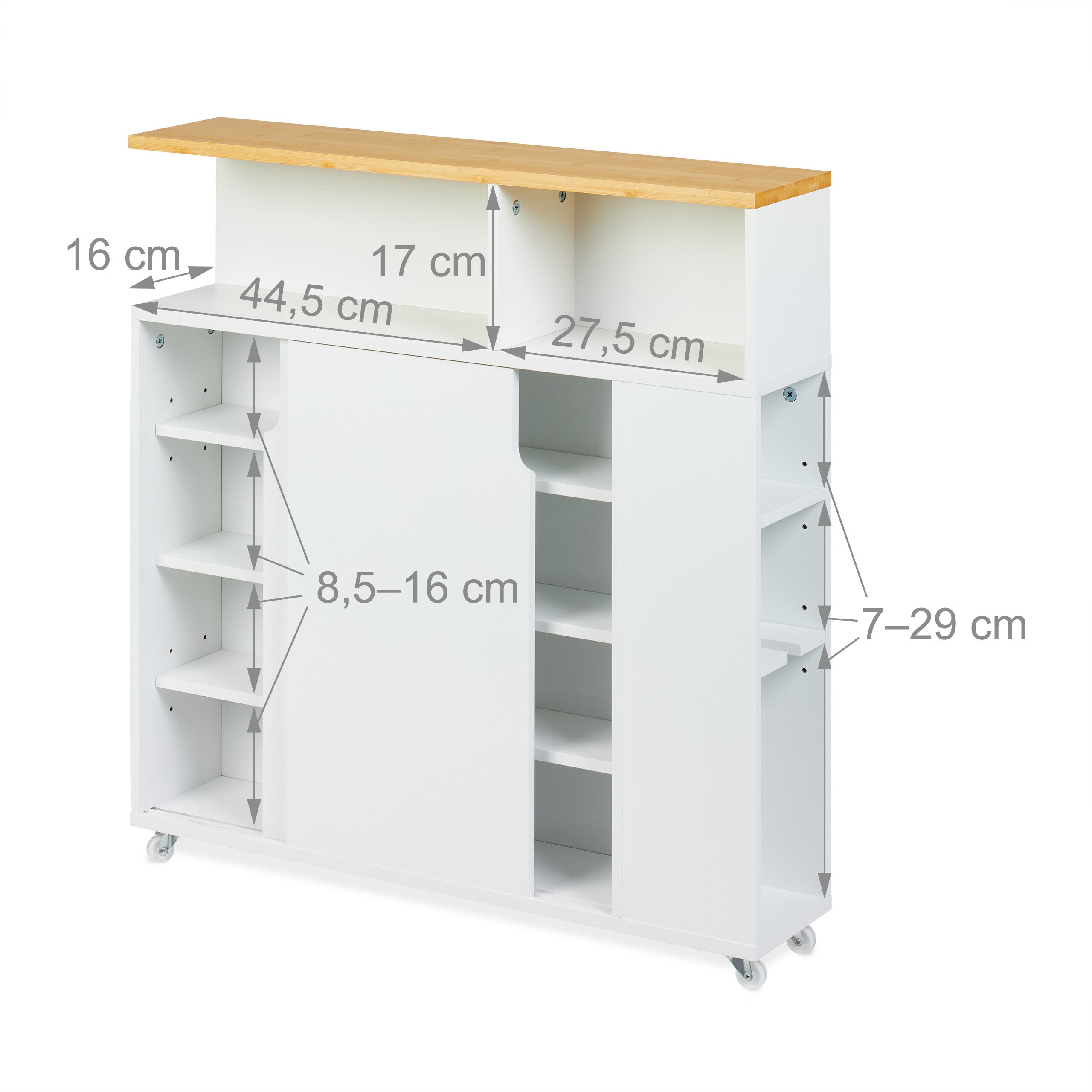 Carrito Auxiliar Estrecho, 6 Compartimentos, Portaescobillas, 79x17x75 cm, Baño, MDF, Bambú, Blanco/Natural, Relaxdays - 5