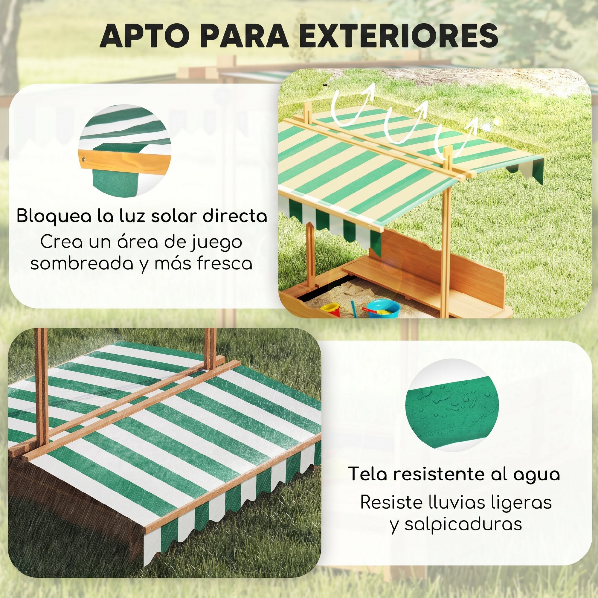 Caixa de Areia para Crianças Outsunny Madeira de abeto e Poliéster Natural, verde e branco 106x106x121cm - 5
