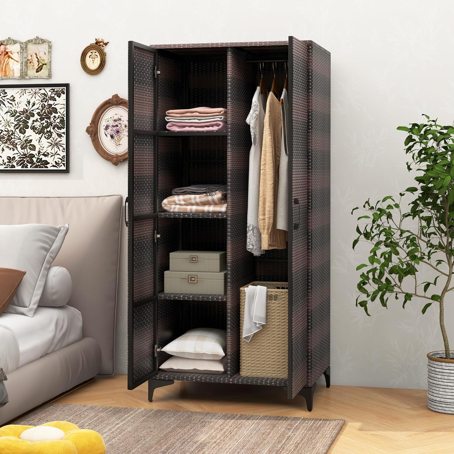 Armoire de Rangement, Armoire Intérieure en Osier PE, 4 Compartiments, Armoire Tringle Penderie, Armoire Extérieure,72 x 50 x 157 cm (Marron) - 2