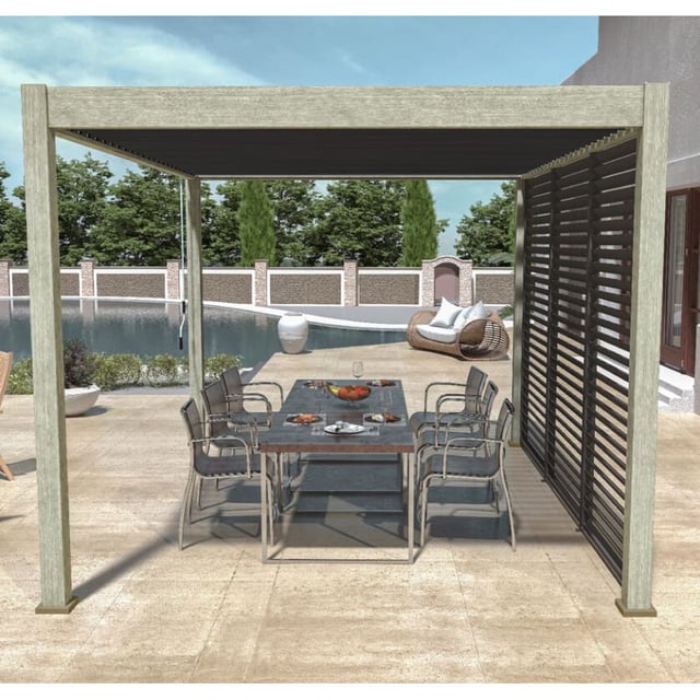 Pergola bioclimatica Ombréa 3x4M autoportante Woodlook/Antracite + 1 pannello frangivista 1M Antracite VS