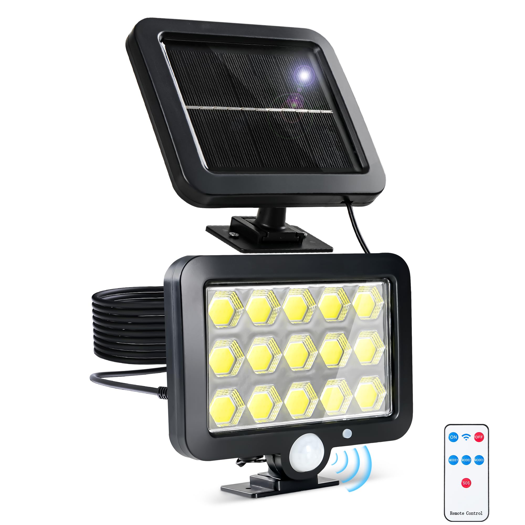 Reflektor solarny z pilotem i czujnikiem ruchu, lampa solarna, wodoodporny IP65, 3 tryby, białe światło 6000K, idealny do garażu lub na taras.