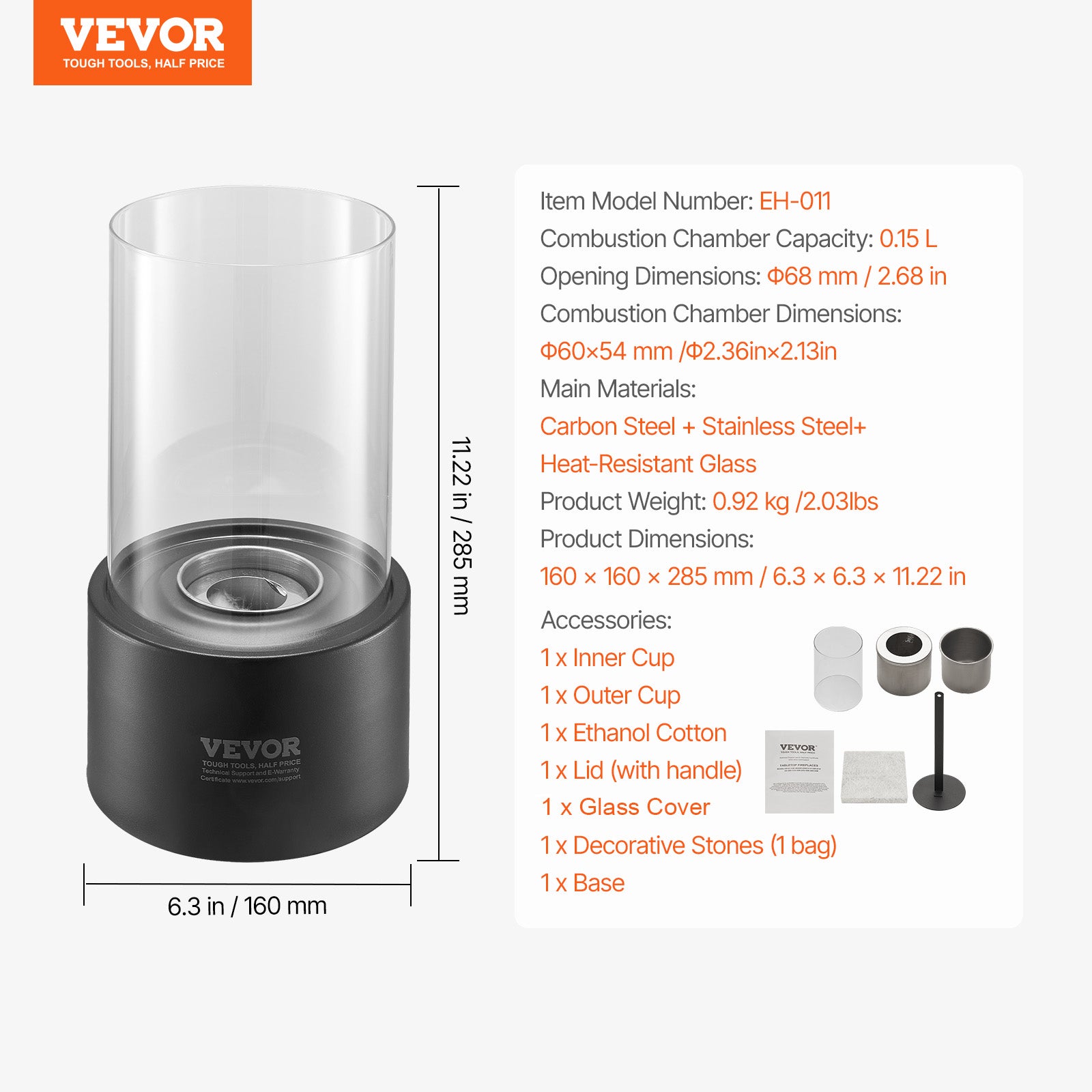 Fogón de Mesa VEVOR Ø160 × 285 mm, Brasero Decorativo de Metal, Chimenea de Bioetanol Portátil con Vidrio y Tapa, para Terraza y Balcón - 7