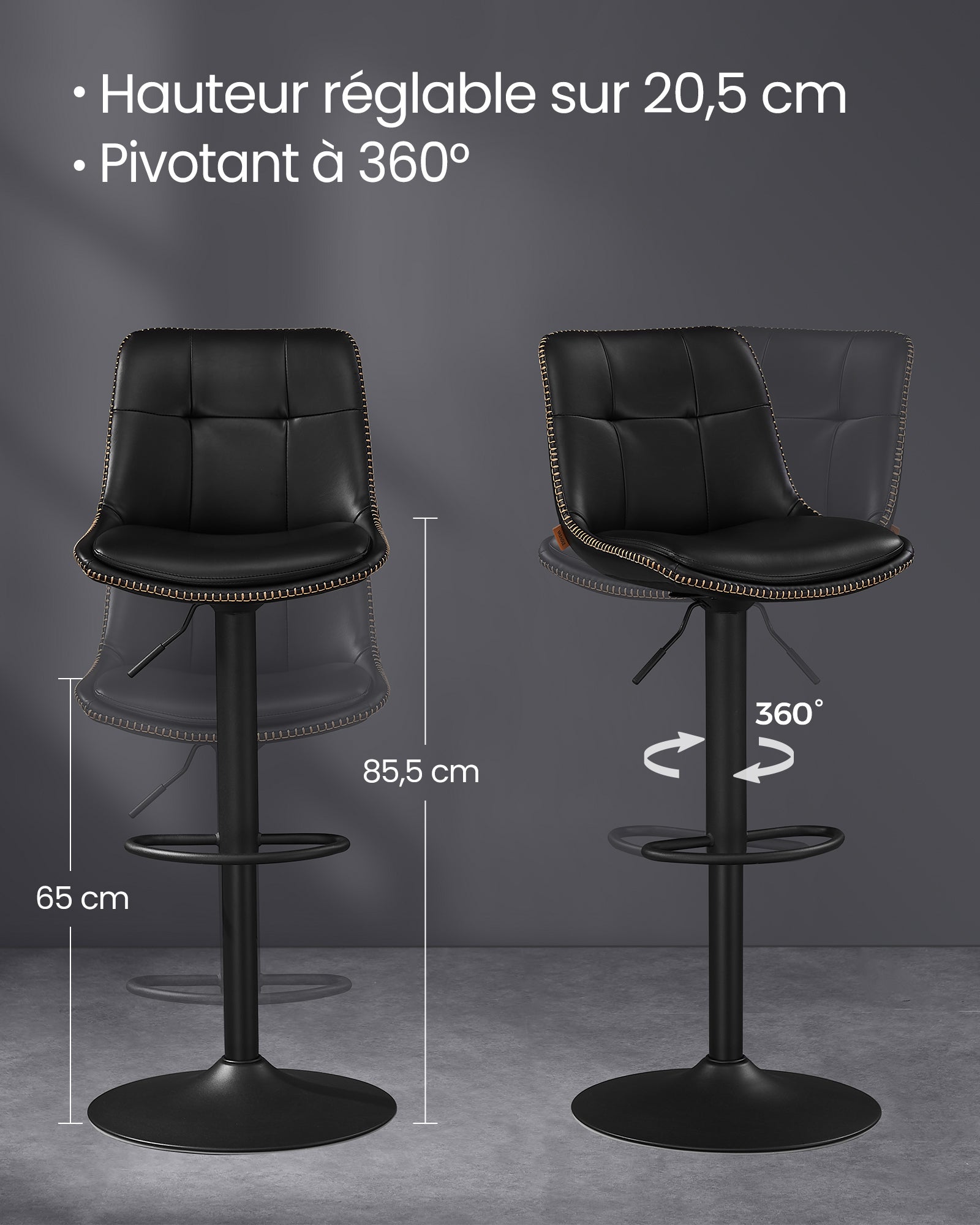 Tabourets de Bar, Lot de 4, Siège Pivotant à Hauteur Réglable, en PU, avec Dossier et Repose-Pieds, Noir d'encre - 6