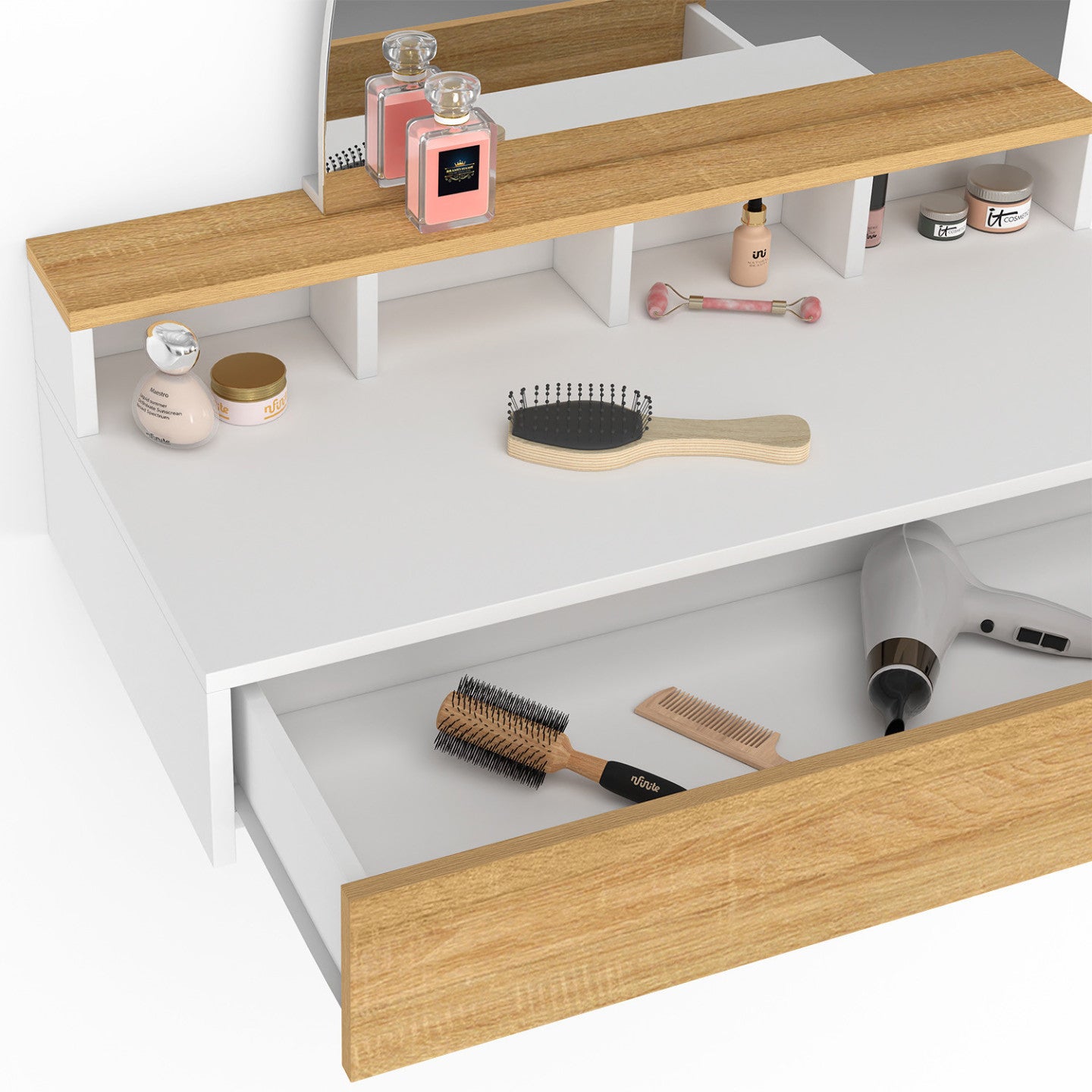 Coiffeuse suspendue ZELIA miroir LED avec 4 niches, 1 tiroir bois et blanc - 5
