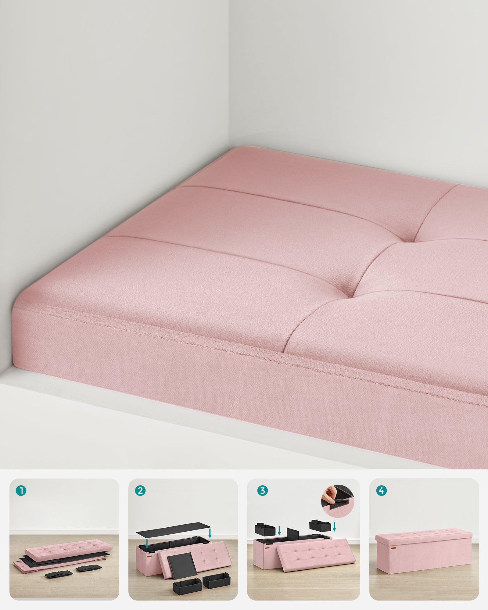 Banc de Rangement, Pouf en Velours, avec Couvercle, avec 2 Boîtes, Séparateur Amovible, 38 x 110 x 38 cm, Capacité de Charge 300 kg, Rose Bonbon - 7