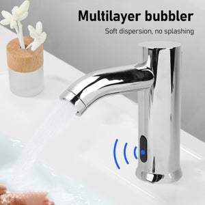 Robinet Automatique Sans Contact – Robinet Évier Salle De Bain Infrarouge Mains Libres En Laiton PVD Argenté – Alimenté Par Piles Avec Boîtier De Contrôle