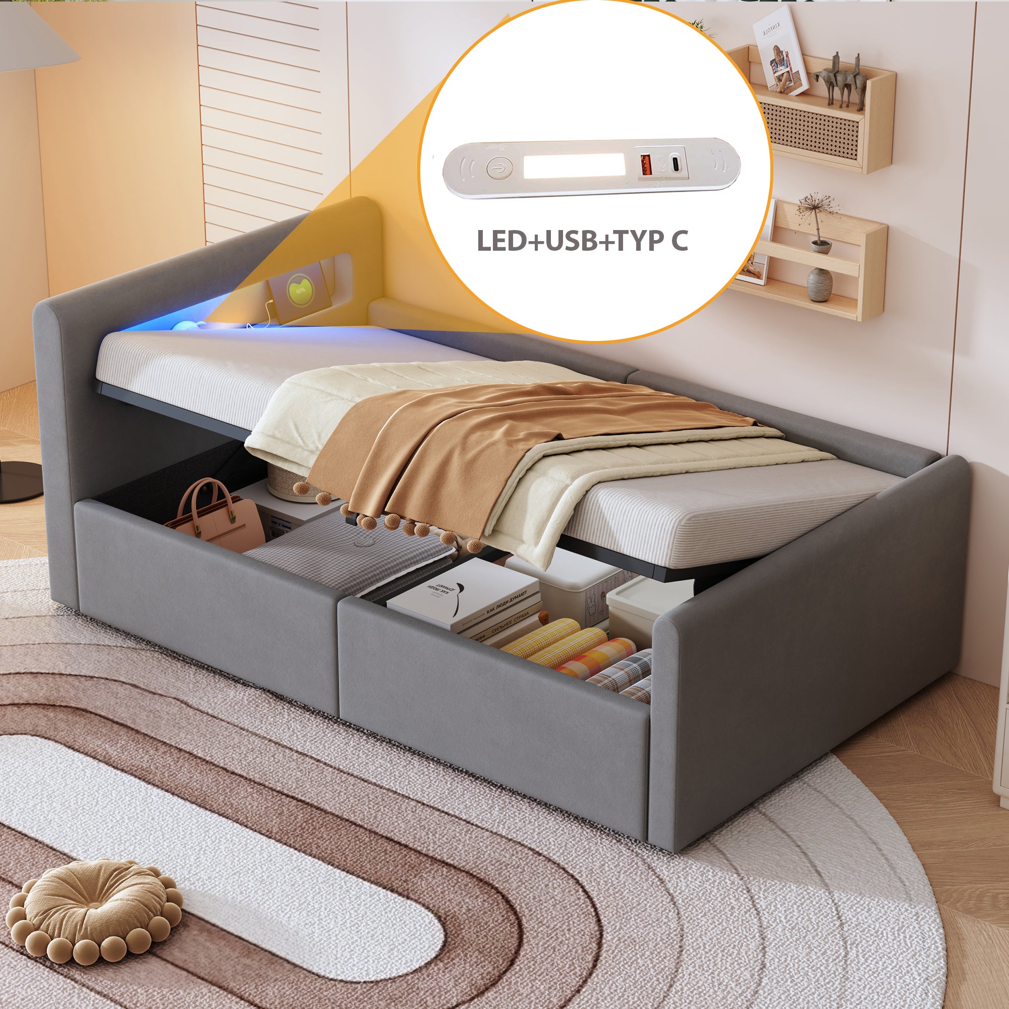 Lit enfant rembourré 90x200 cm, avec éclairage LED, veilleuse et port de charge USB, étagère, espace de rangement, lit simple, gris clair - 2