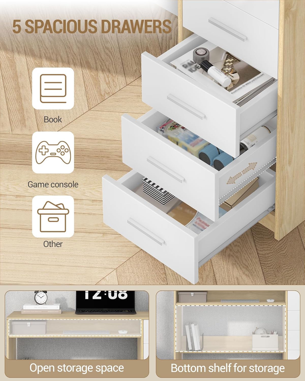 Bureau, Bureau avec 5 Rangement, Table Informatique au Design Minimaliste, Table d'ordinateur de Style Moderne,pour Études, Chêne Sonoma + Blanc - 4