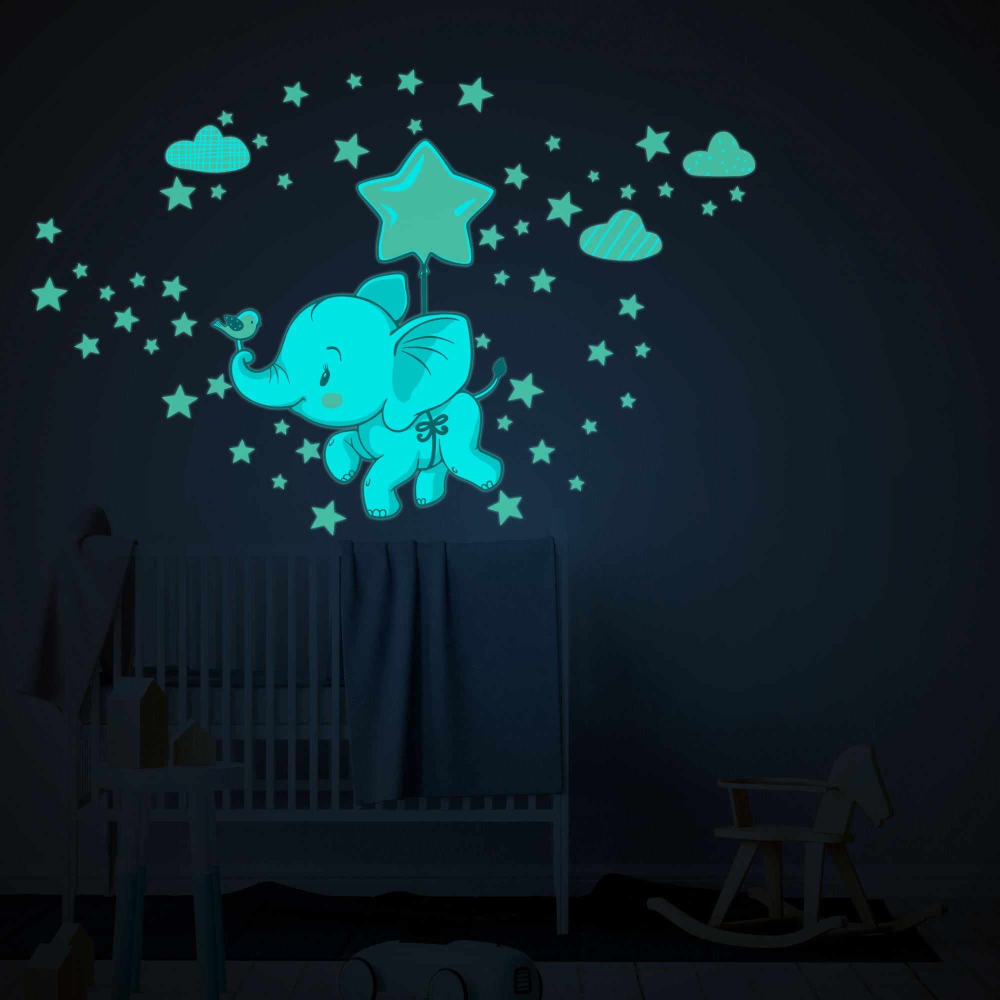 Adesivi fosforescente elefanti felici tra le nuvole + 120 stelle - Sticker adesivo - adesivi murali - 40x30cm - 3