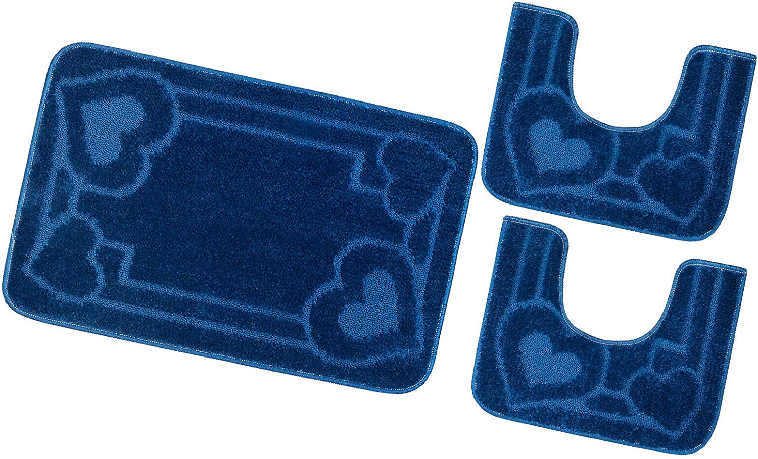 Juego de 3 alfombrillas de baño para inodoro lavabo moderna suave antideslizante absorbente color sólido corazón azul