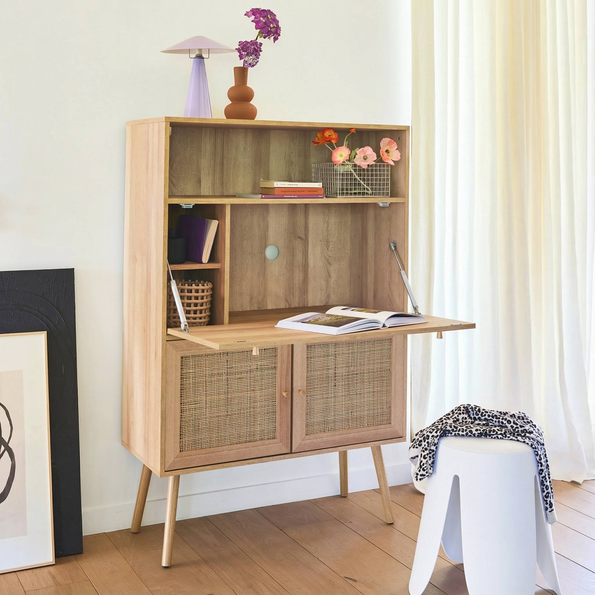 Bureau secrétaire décor bois et cannage 2 portes naturel - Boheme BOHÈME - 2