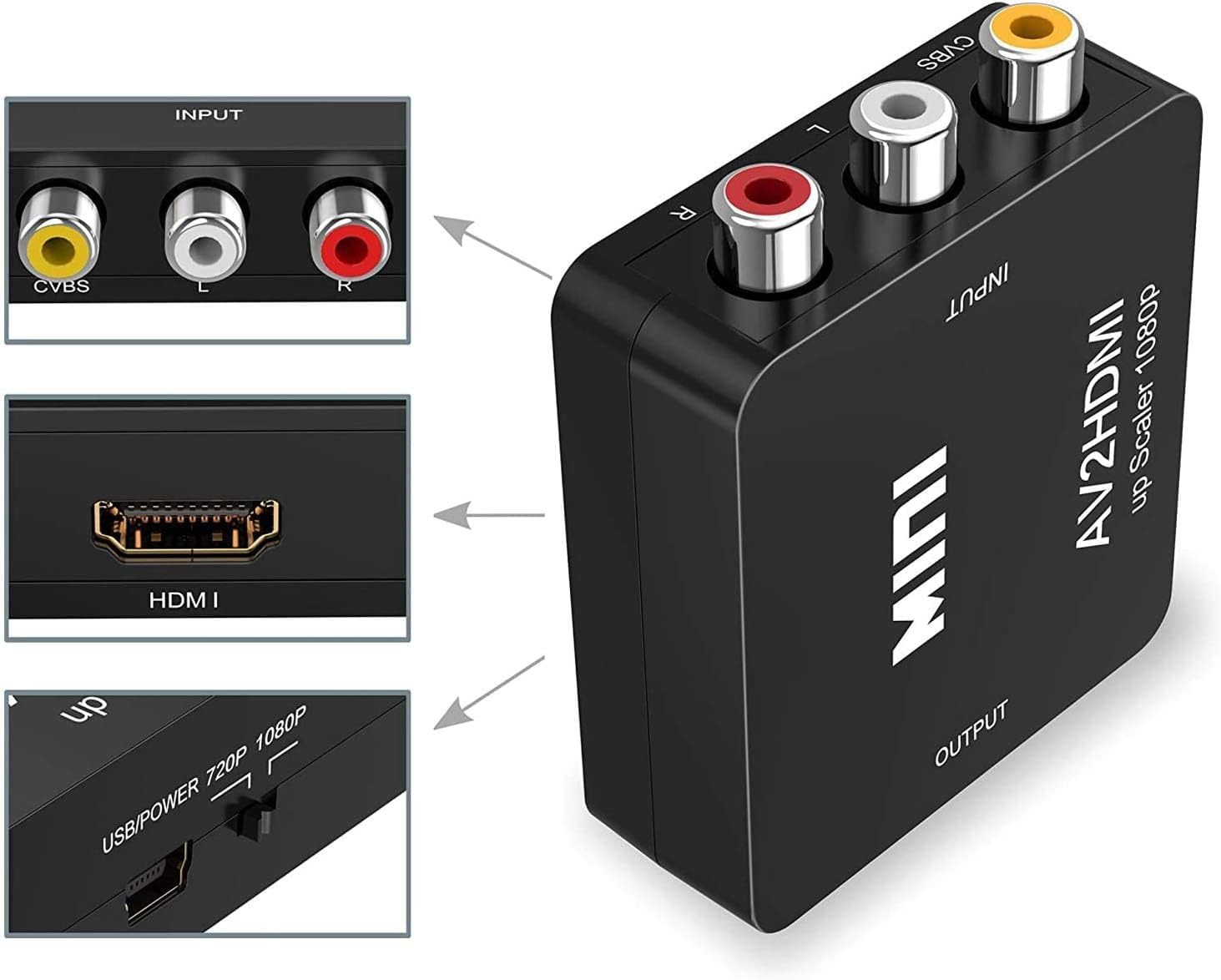 XPSH Adaptateur RCA vers HDMI, Convertisseur vidéo Mini AV HDMI Prise en Charge 1080P 3RCA Composite avec câble de USB pour PC Xbox PS3 PS2 TV STB VHS Caméra DVD, ‎200005
