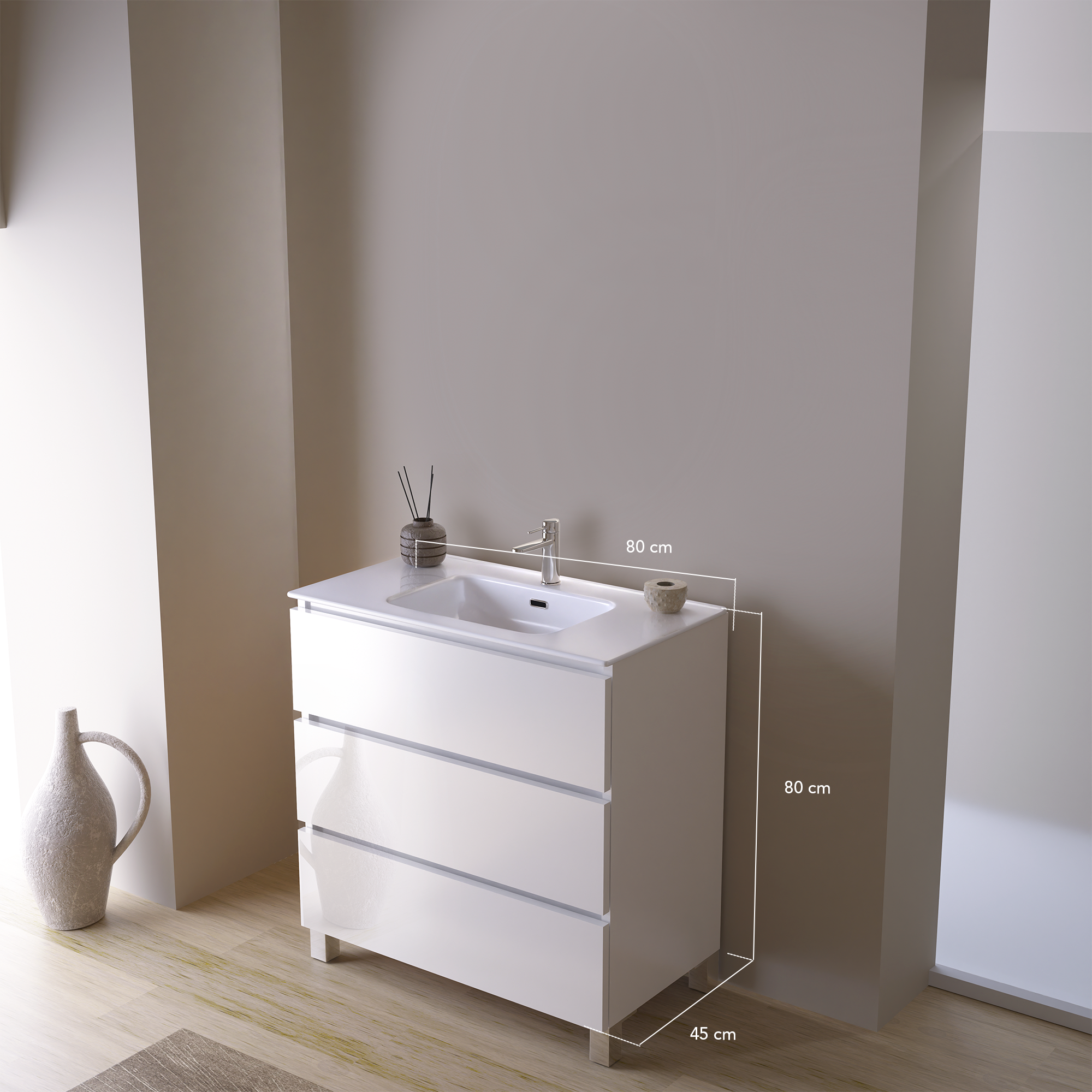 Feel Your Bath, Meuble SDB Blanc Brillant 80 cm + Vasque Céramique Blanc Brillant – 3 Tiroirs et Pieds, Moderne - 3