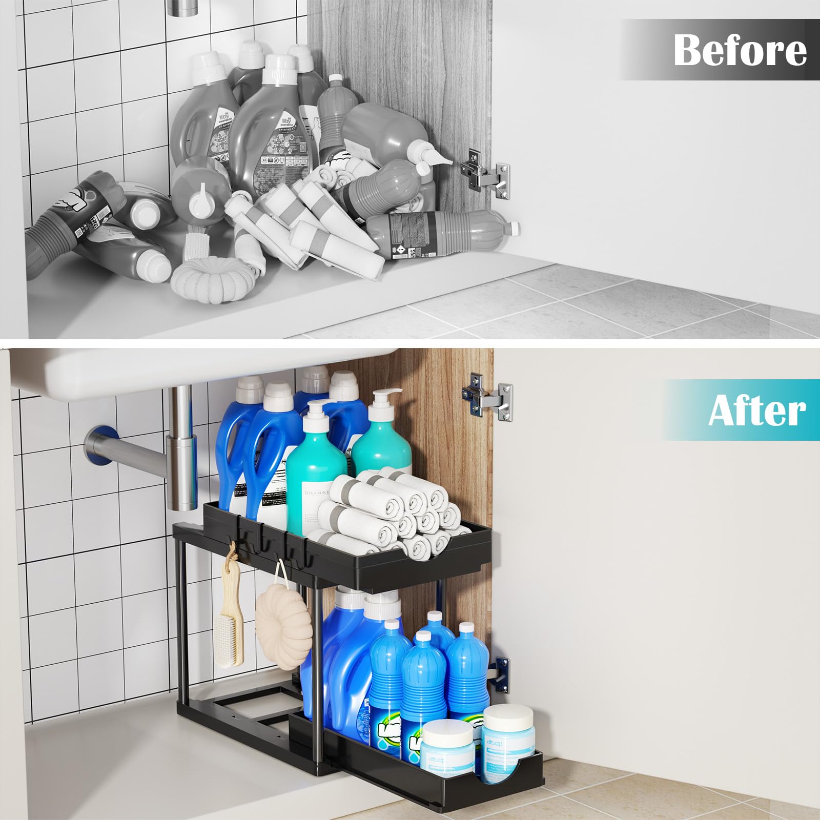 Organizadores y almacenaje bajo el fregadero para la cocina, organizador bajo el fregadero de 2 niveles, cesto de baño con 4 ganchos - 6