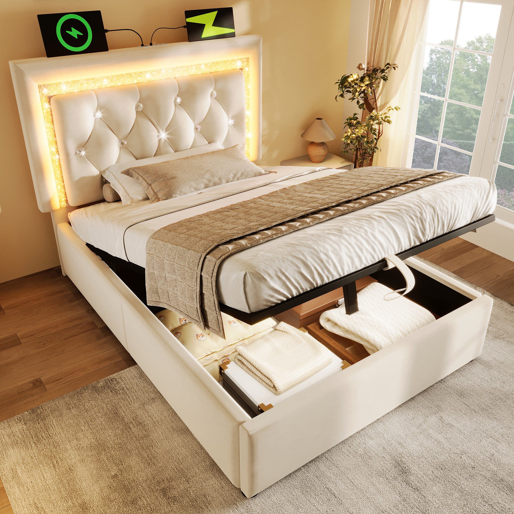 Łóżko z pojemnikiem na pościel 90 x 200 cm i zagłówkiem - Tkanina aksamitna - Diody LED - Porty USB i typu C - Beżowe (Materac nie jest dołączony)