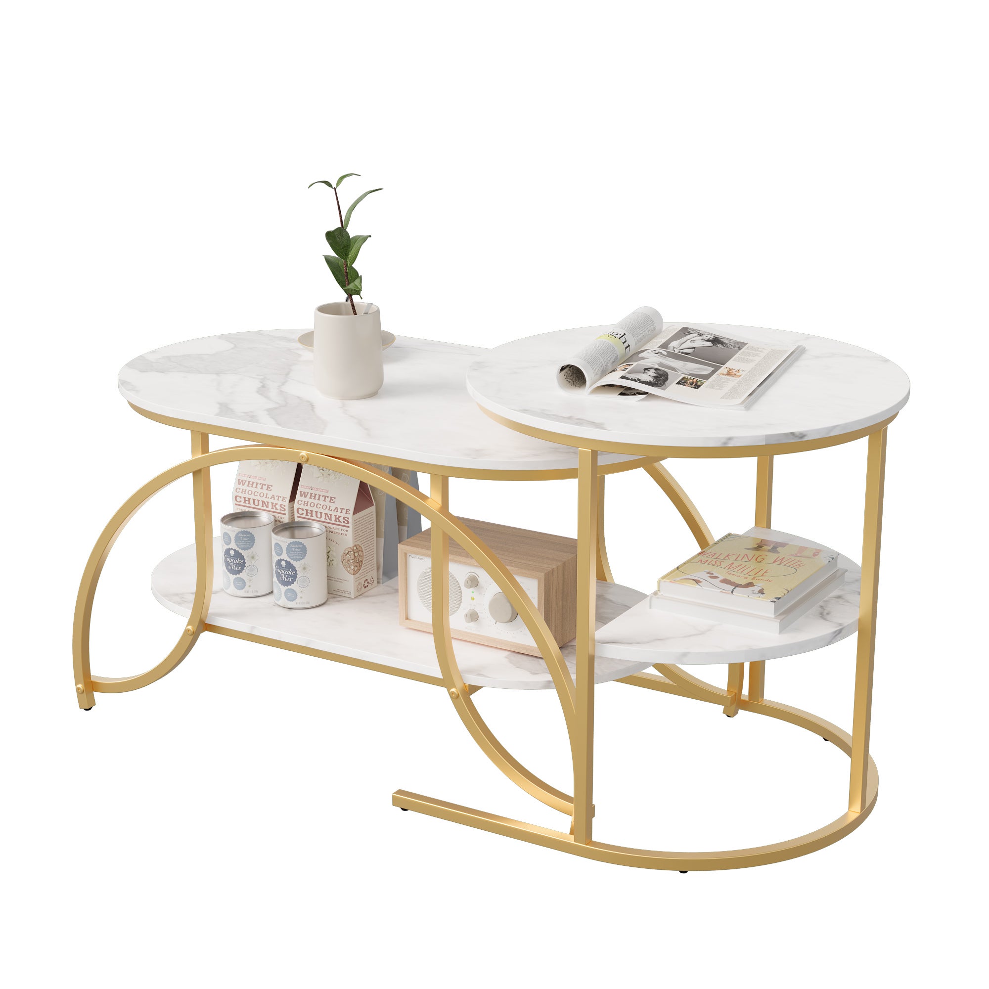 Meuble Table Basse,Table d'appoint, table de canapé 80 x 46 x 51,Table Marbre, Bout de Canapé, Blanc + doré, pour salon, chambre à coucher - 5
