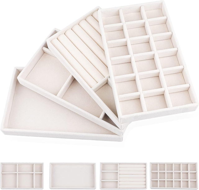 4 x Plateau Bijoux de Velours 21x12,5cm Organizador de Almacenamiento para Collares y Pendientes, Cajón para Mujeres, Caja Presentadora