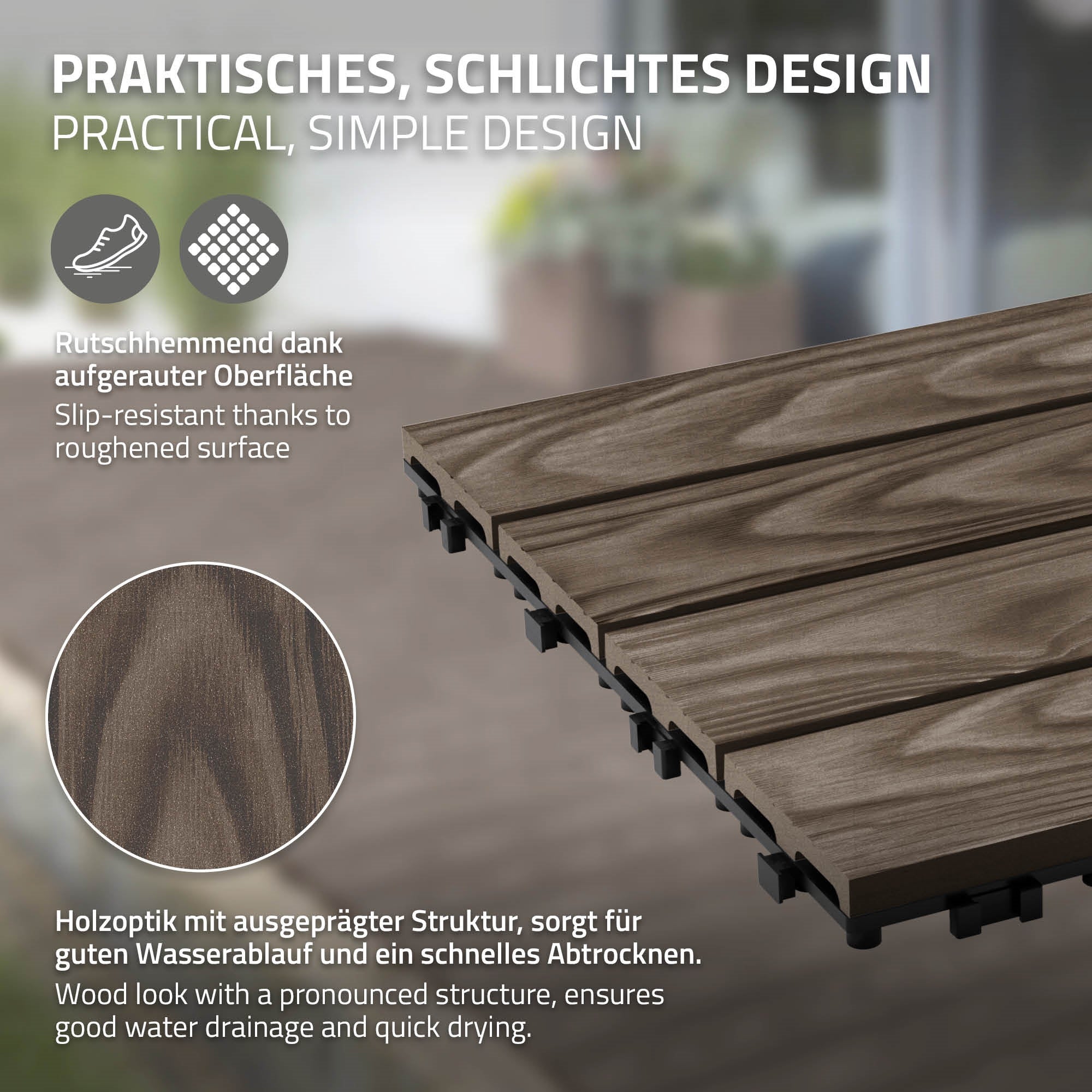 ECD Germany plytki tarasowe wpc 30x30 cm 22 sztuk 2m² kwadratowy ciemnobrazowe panele podłogowe klik odpływ wodny balkon taras ogród patio weranda - 4