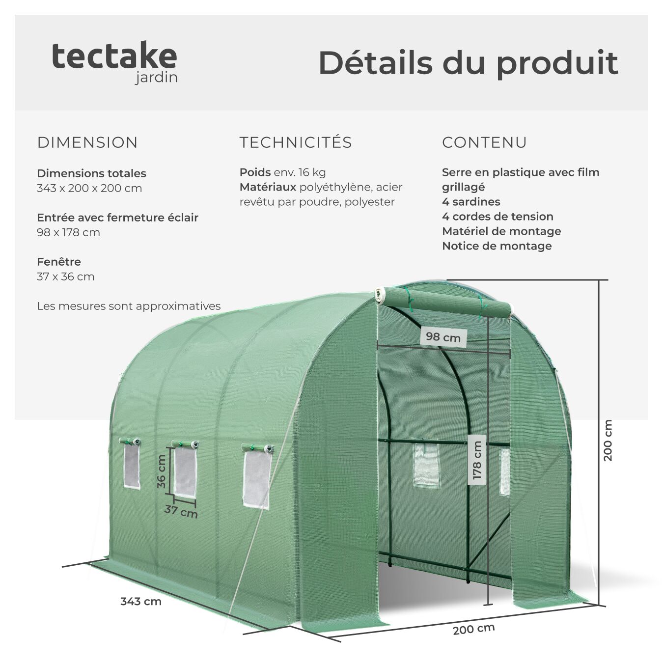 Serre tunnel en plastique 7 m² 343 x 200 x 200 cm avec cordes et piquets inclus TECTAKE - 6