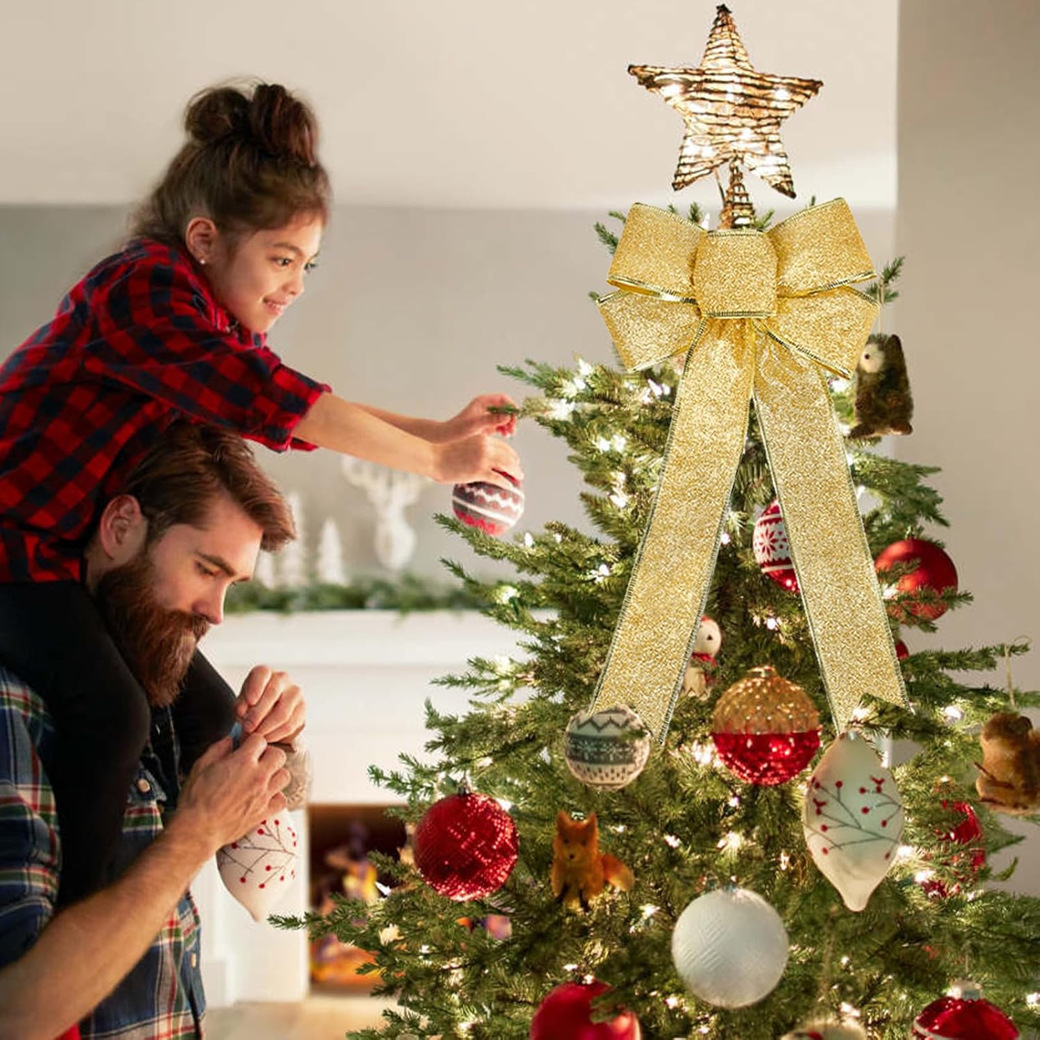 Fiocchi natalizi dorati per decorazioni da esterno - Grande fiocco di paillettes con bordo dorato scintillante per la decorazione della porta d'ingres - 4