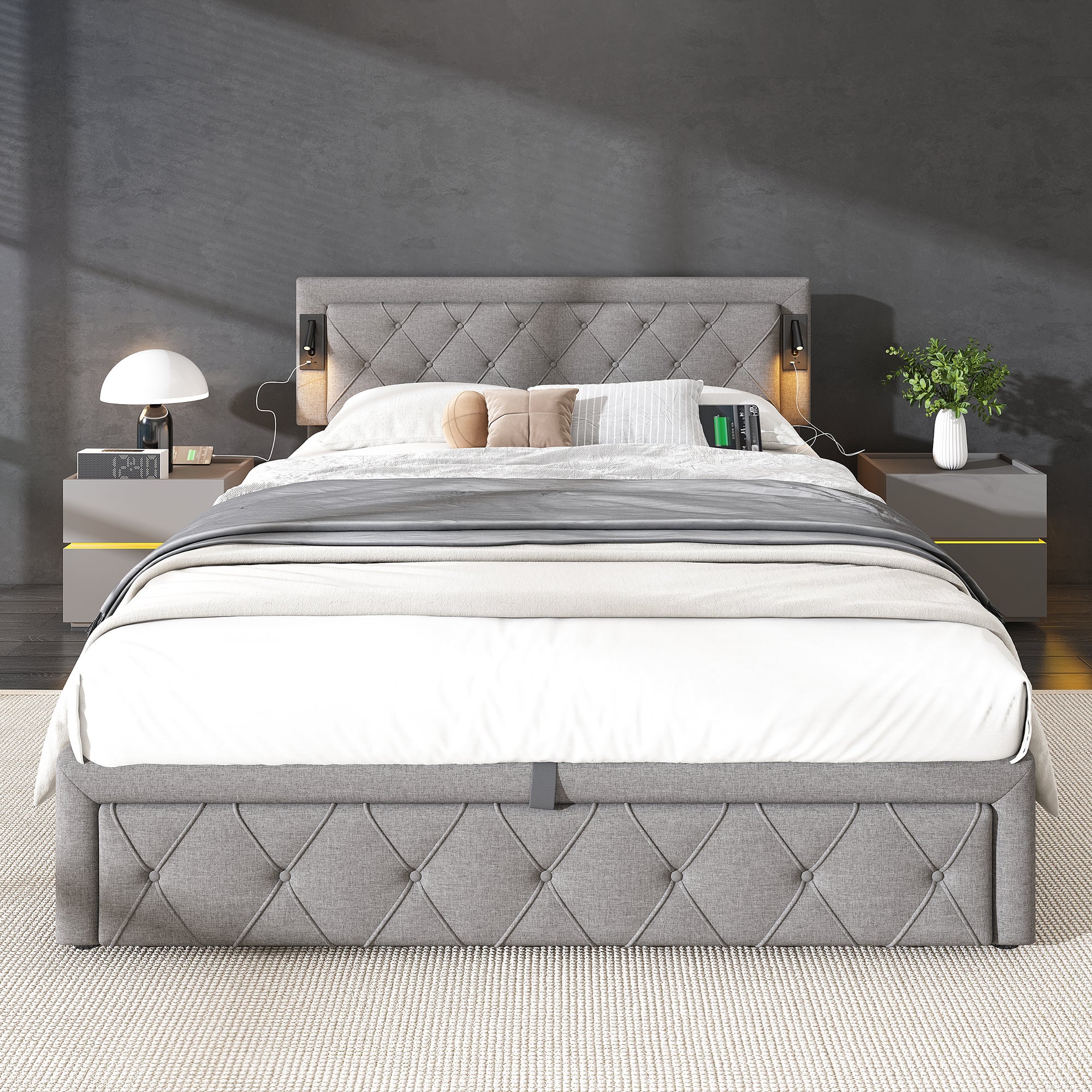 Cama contenedor de tela de lino 160x200 cm - con luz de lectura y toma USB - con somier - Gris - 3