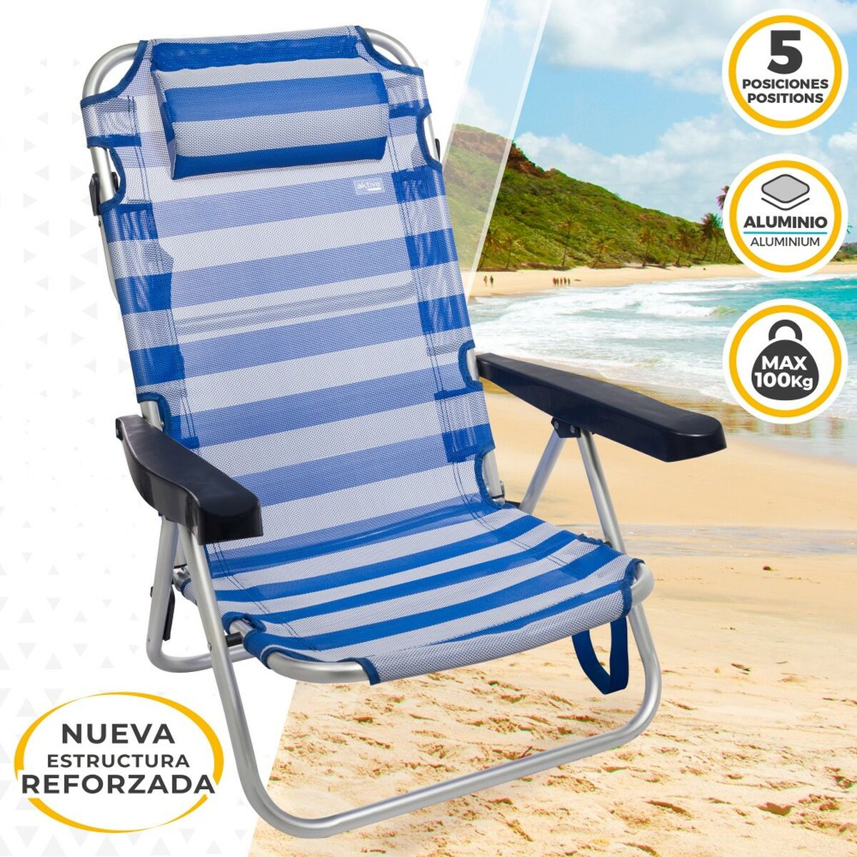 AKTIVE Confezione 2 Sedie Da Spiaggia Pieghevoli Blu - Schienale 4 Posizioni, Cuscino, Tasca, Portata 110kg - Leggere E Anti-ribaltamento