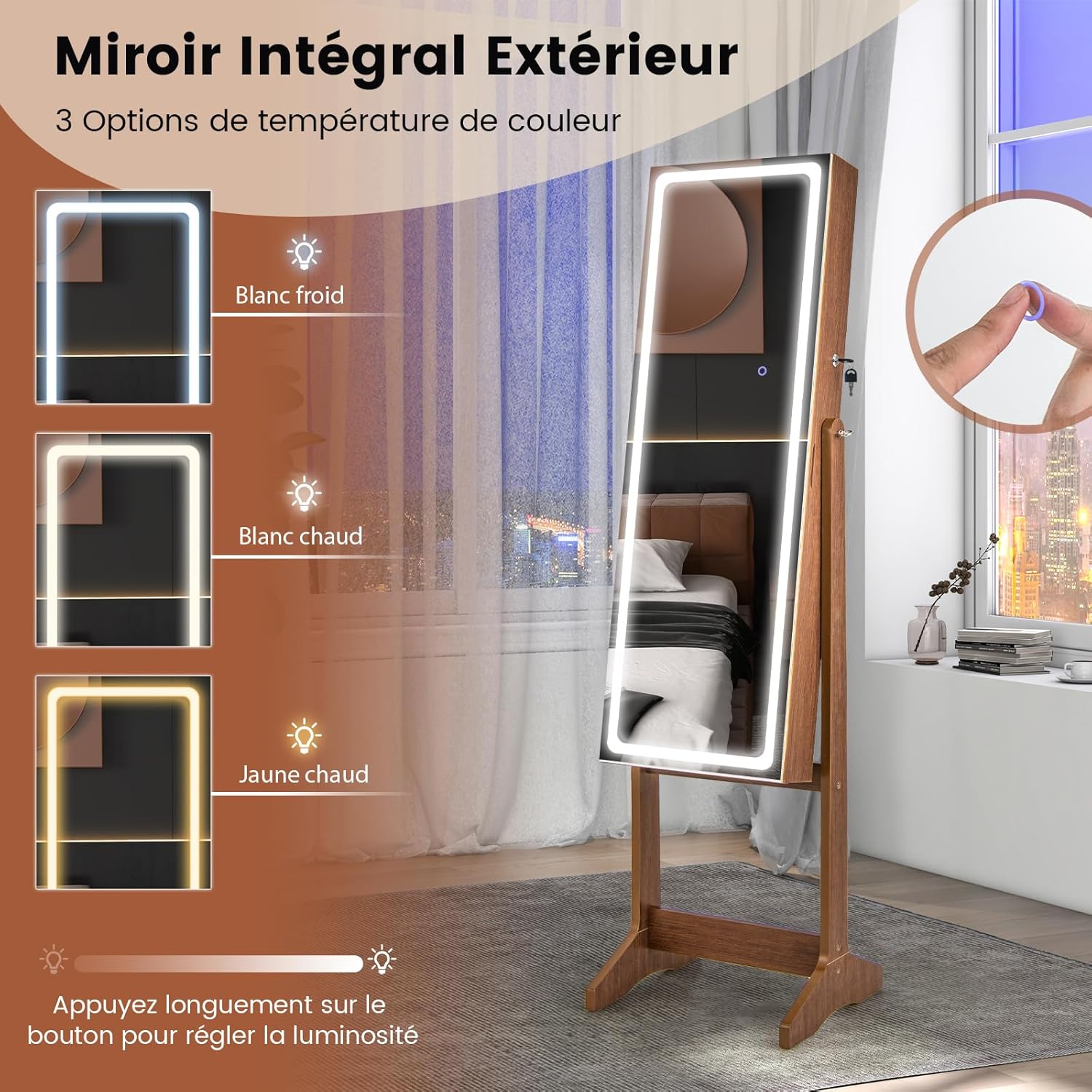 Armoire à Bijoux avec Miroir sur Pieds, Grand Miroir Psyché Sans Cadre avec Éclairage LED 3 Couleurs, avec 3 Angles Ajustables (Noyer) - 5