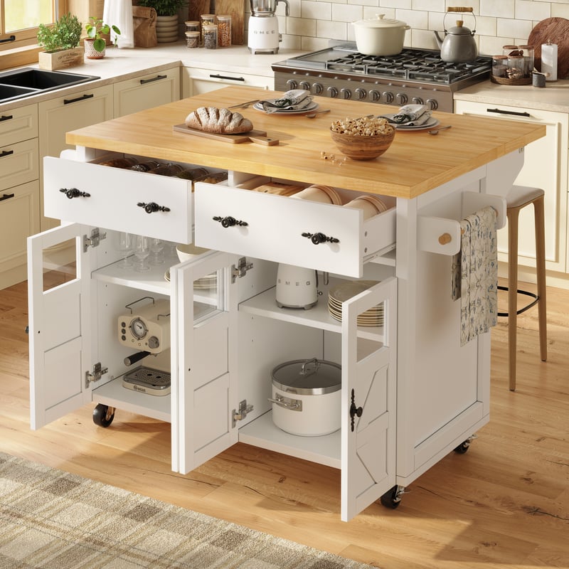 Mobilna wyspa kuchenna z 4 szklanymi drzwiami i 2 szufladami - Wysuwany blat - 140 x 45/73 x 93,5 cm - Płyta MDF + Metal - Biała