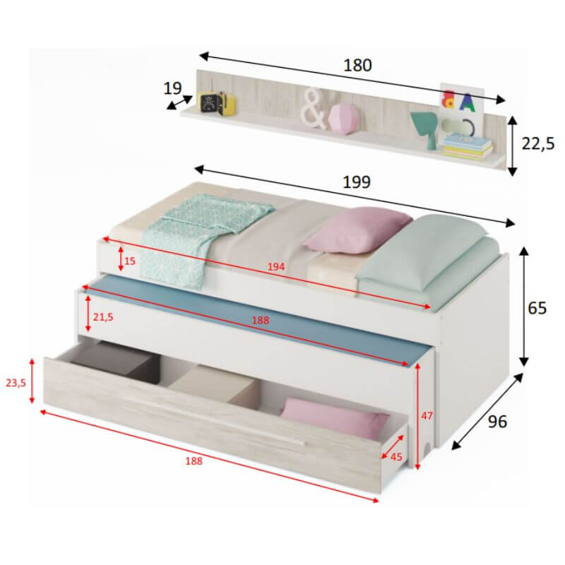 Mobelcenter - Cama Nido Juvenil Elliot 2 Camas 1 Cajón 1 Estante - Color Blanco Artik y Blanco Velho - Ancho: 199cm x Fondo: 96cm x Alto: 65cm (1383) - 3