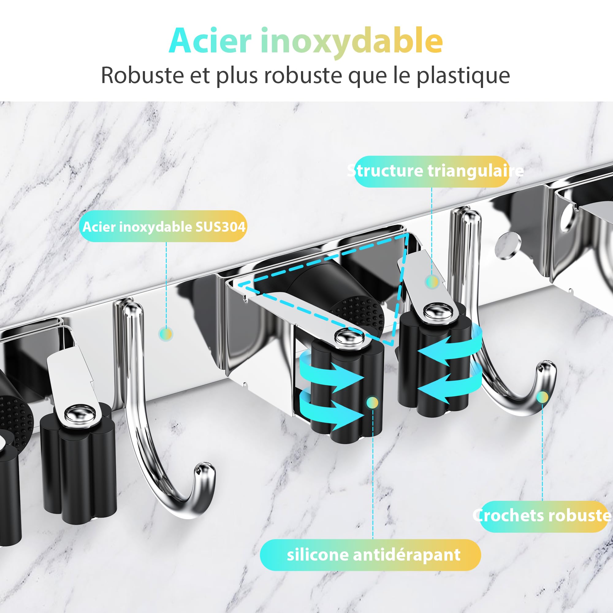 Porta Scope Da Parete - Con 5 Supporti E 4 Ganci, Nero, Per Scope, Mop E Attrezzi