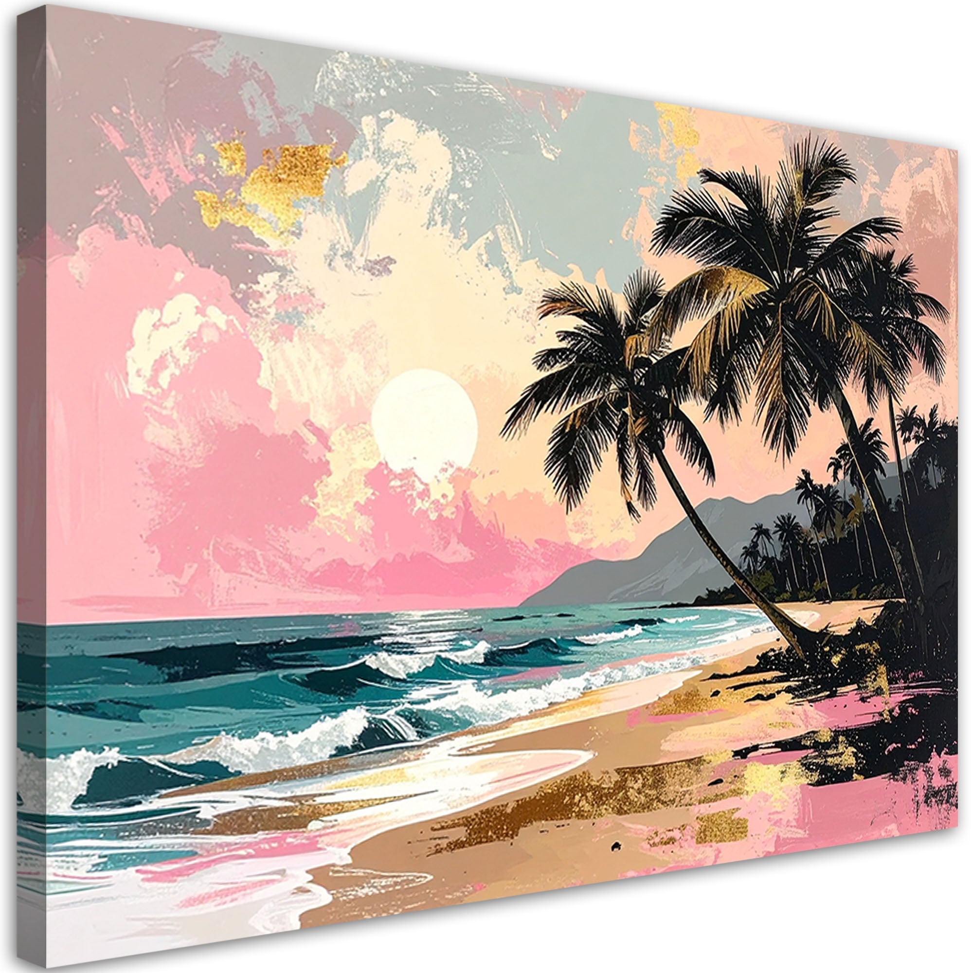 Obraz do salonu sypialni biura spa hotelu, Tropikalna plaża morze palmy różowy pastelowy 45x30