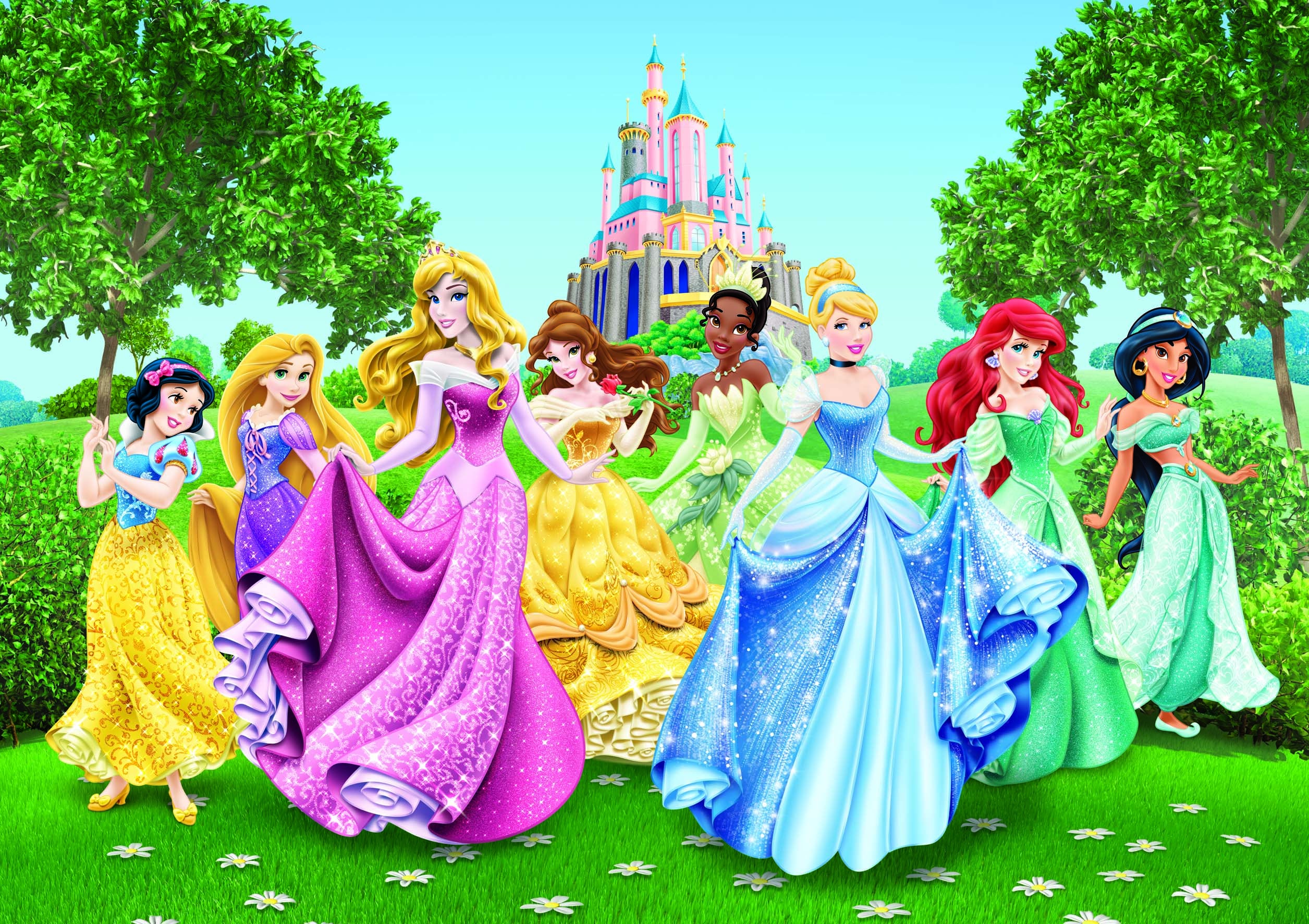 Fotomural princesas verde, amarillo y azul - 360 x 254 cm - disney