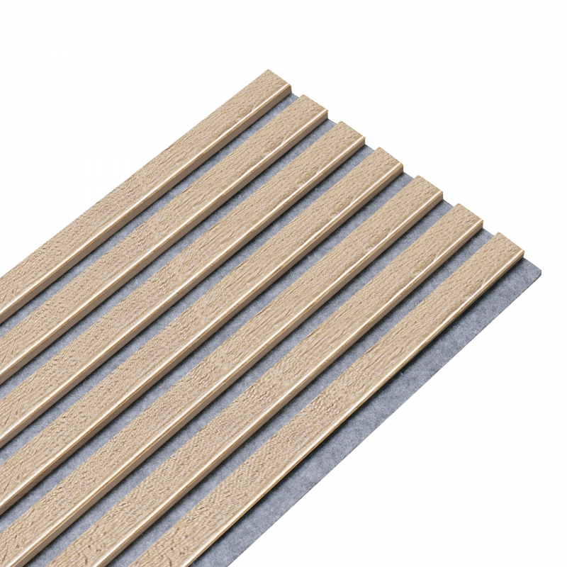 Mur TV - Lot de 5 Panneau tasseaux bois 250 x 30 x 1,9 cm - Décor chêne / Feutrine grise - 3,75M² - 2