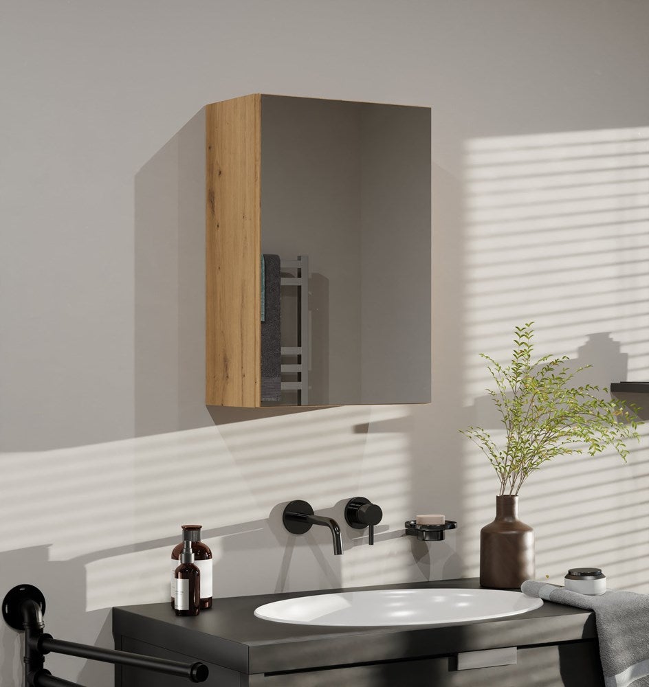 TONNI - Armoire de toilette murale 1 porte - Meuble SDB avec miroir - Dimensions 40x22x60 cm - Rangement Salle de bain - Chêne - 4