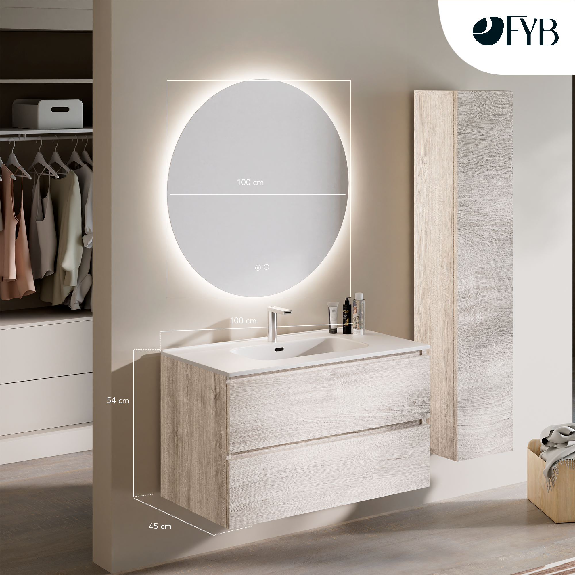 Feel Your Bath, Mueble de Baño Serie PANTER Blanco Caliza 100 cm con Encimera Integrada y Espejo Redondo LED 100 cm, 2 Cajones - 3