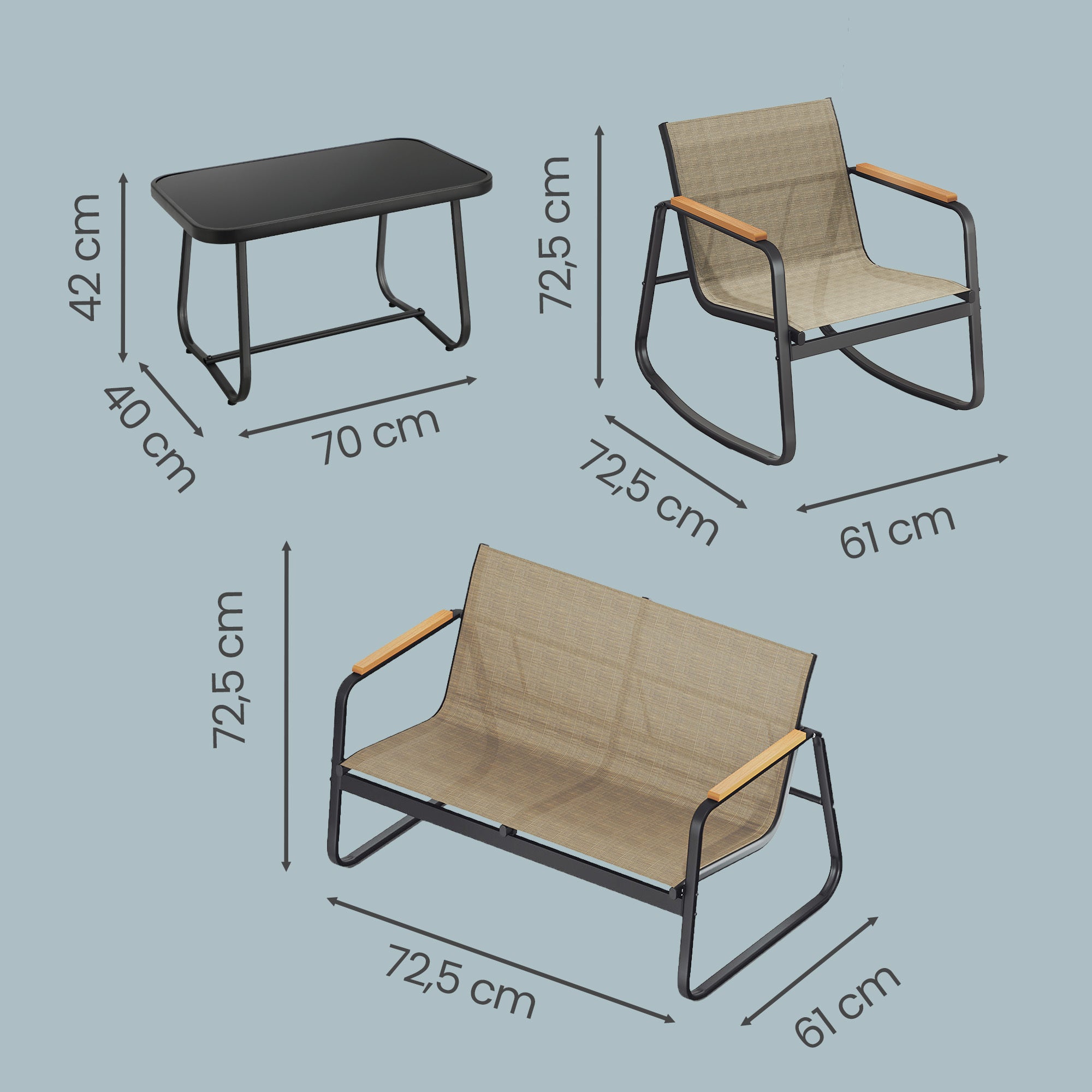 Ensemble de Mobilier de Jardin, 2 Chaises à Bascule avec Table, Banc, en Acier, avec Accoudoirs, Marron - 5