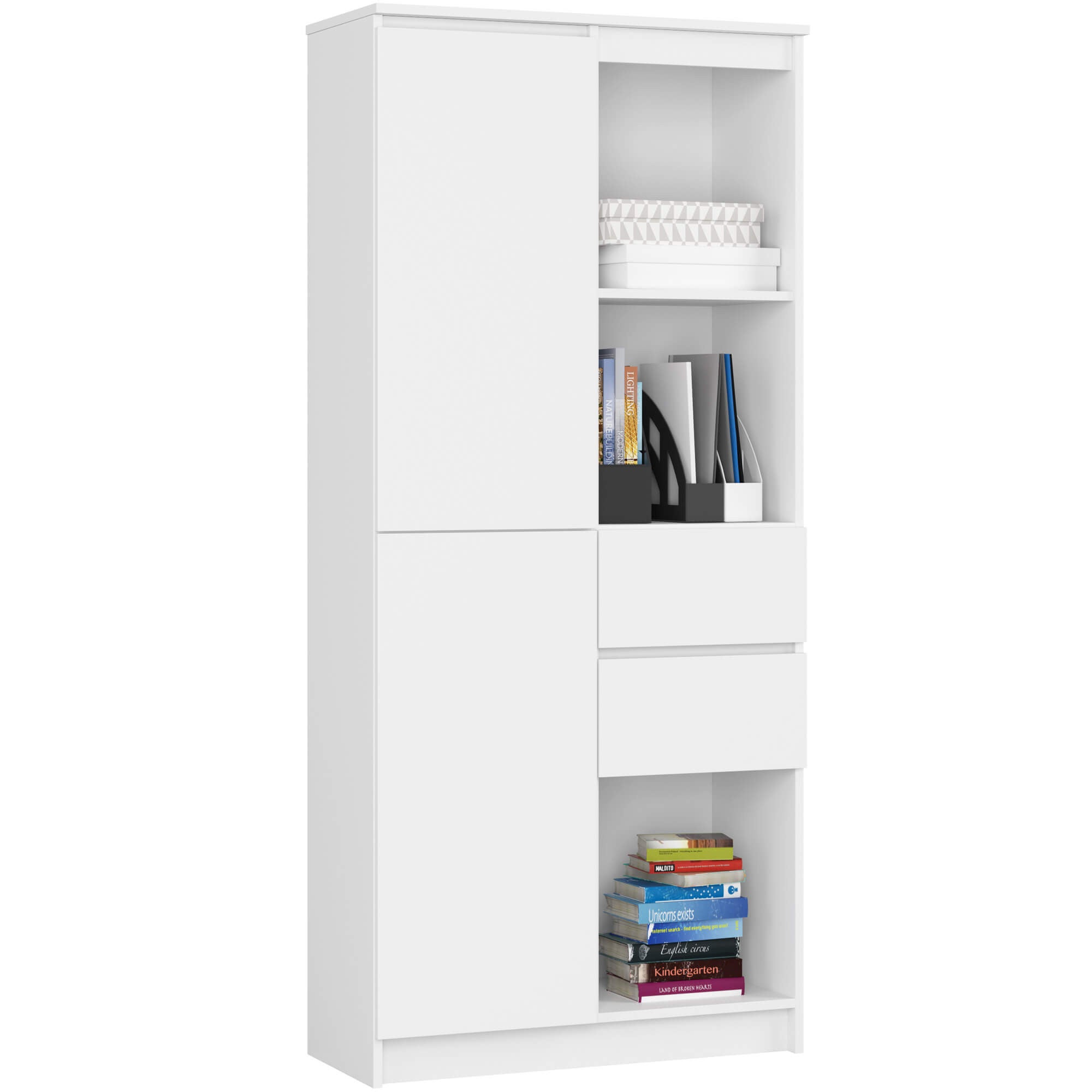 Regał AKORD R15 Biały 80 cm 1 drzwi 2 szuflady kolor Biały mat 7 półek 80x35x180 cm
