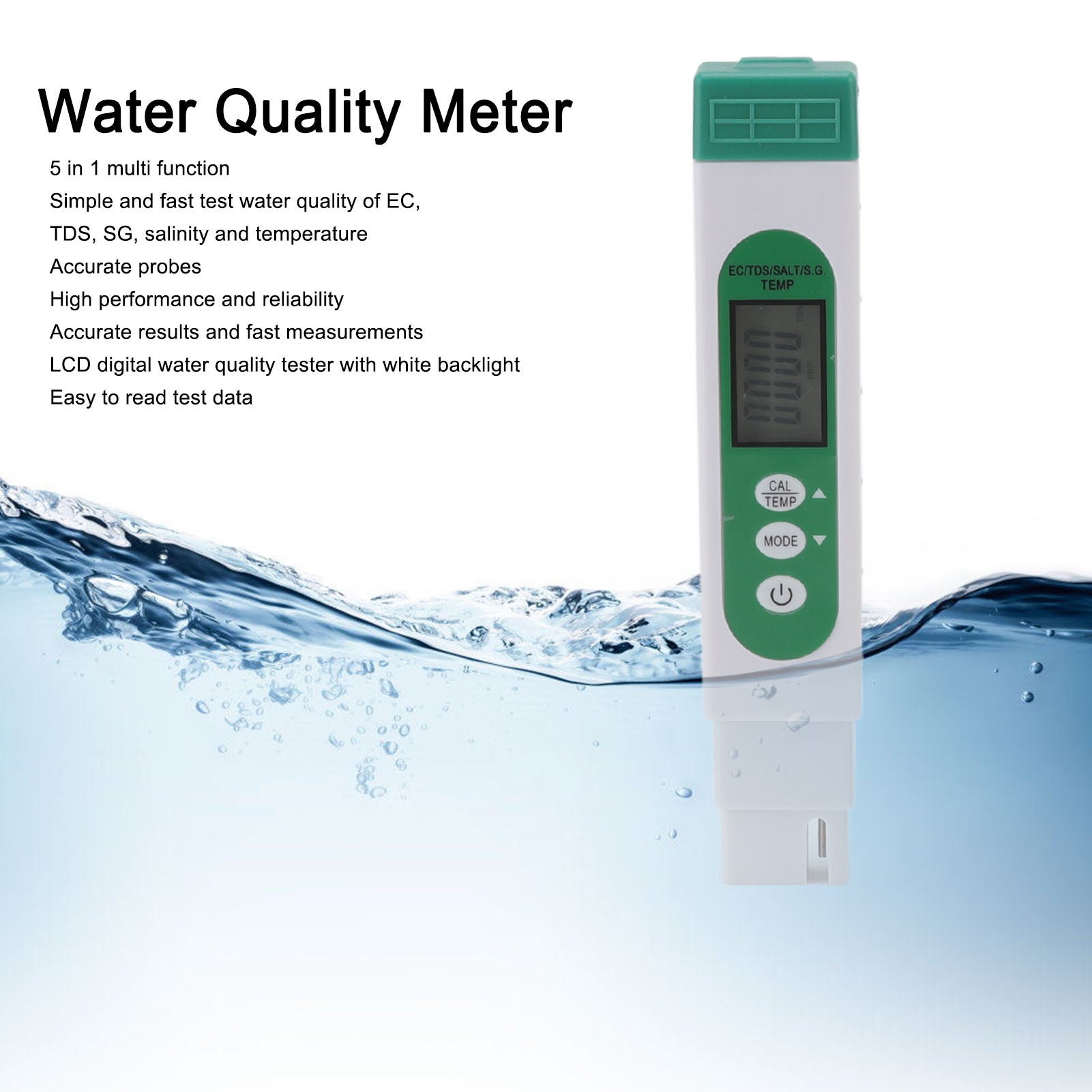 Testeur de qualité de l'eau 5 en 1, type stylo : sel, TDS, EC, SG, TEMP. Écran LCD numérique rétroéclairé. - 4