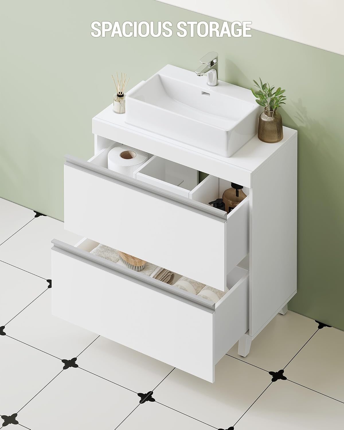 Mobile Sottolavabo per Bagno, Mobiletto da Bagno, 3 Cassetti, Piedini, indipendente, moderno, 30 x 60 x 64 cm, Bianco - 6
