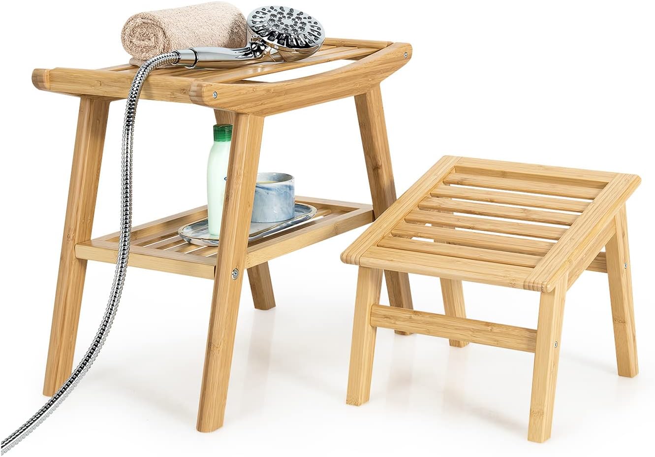 Bambusowy taboret prysznicowy z podnóżkiem, taboret łazienkowy z półką z półką, obciążenie do 150 kg, pomoc w kąpieli dla kobiet w ciąży i starszych