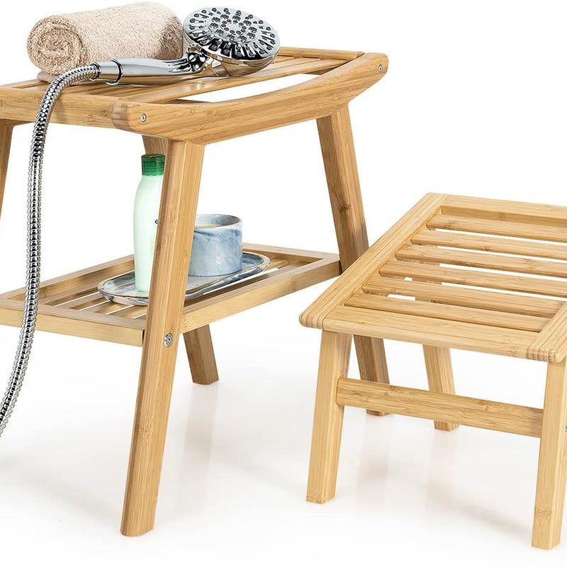 Bambusowy taboret prysznicowy z podnóżkiem, taboret łazienkowy z półką z półką, obciążenie do 150 kg, pomoc w kąpieli dla kobiet w ciąży i starszych
